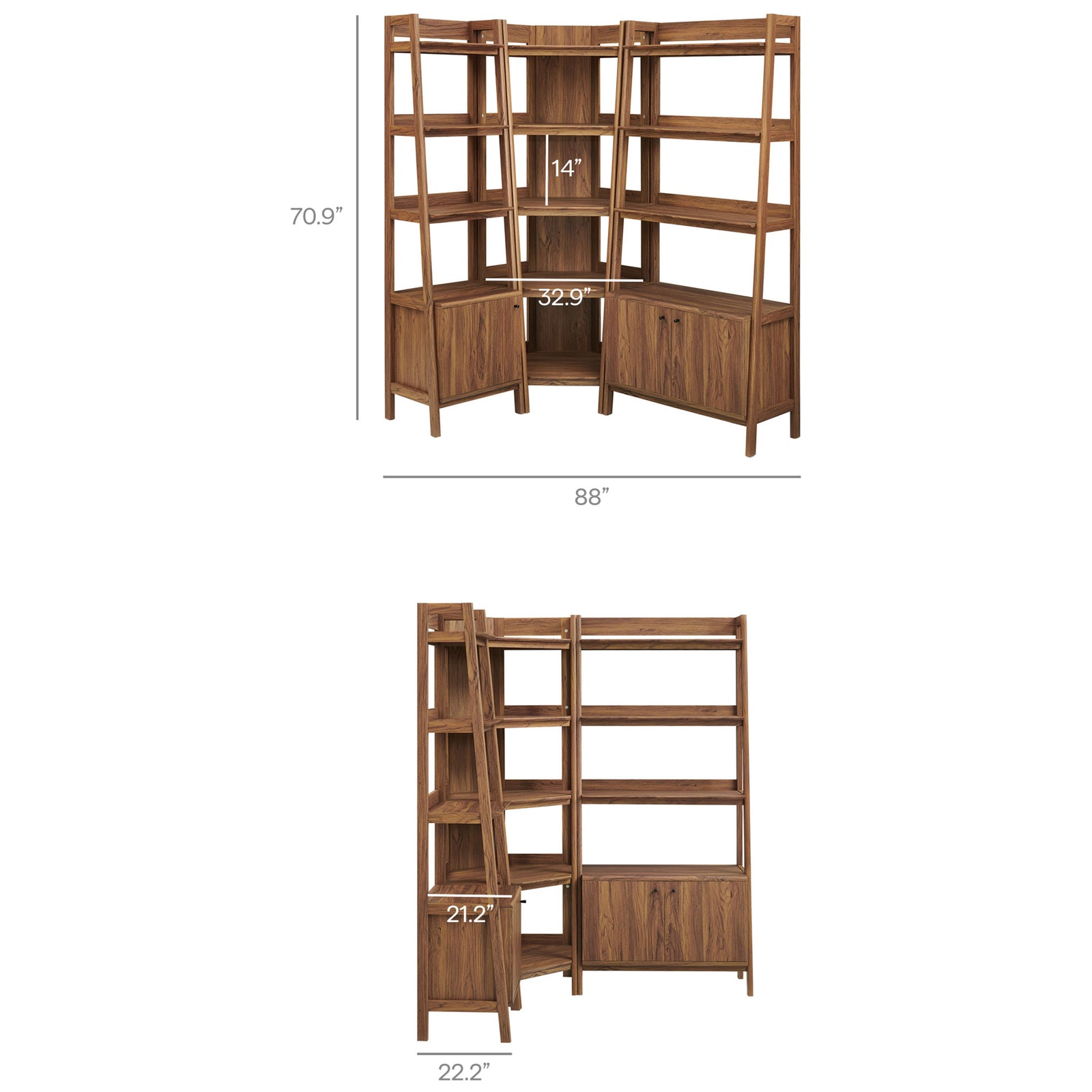 Dimension overview for the three-piece corner bookcase set with shelf depth and total width measurements || EEI-7511-WAL || dimension_studio
