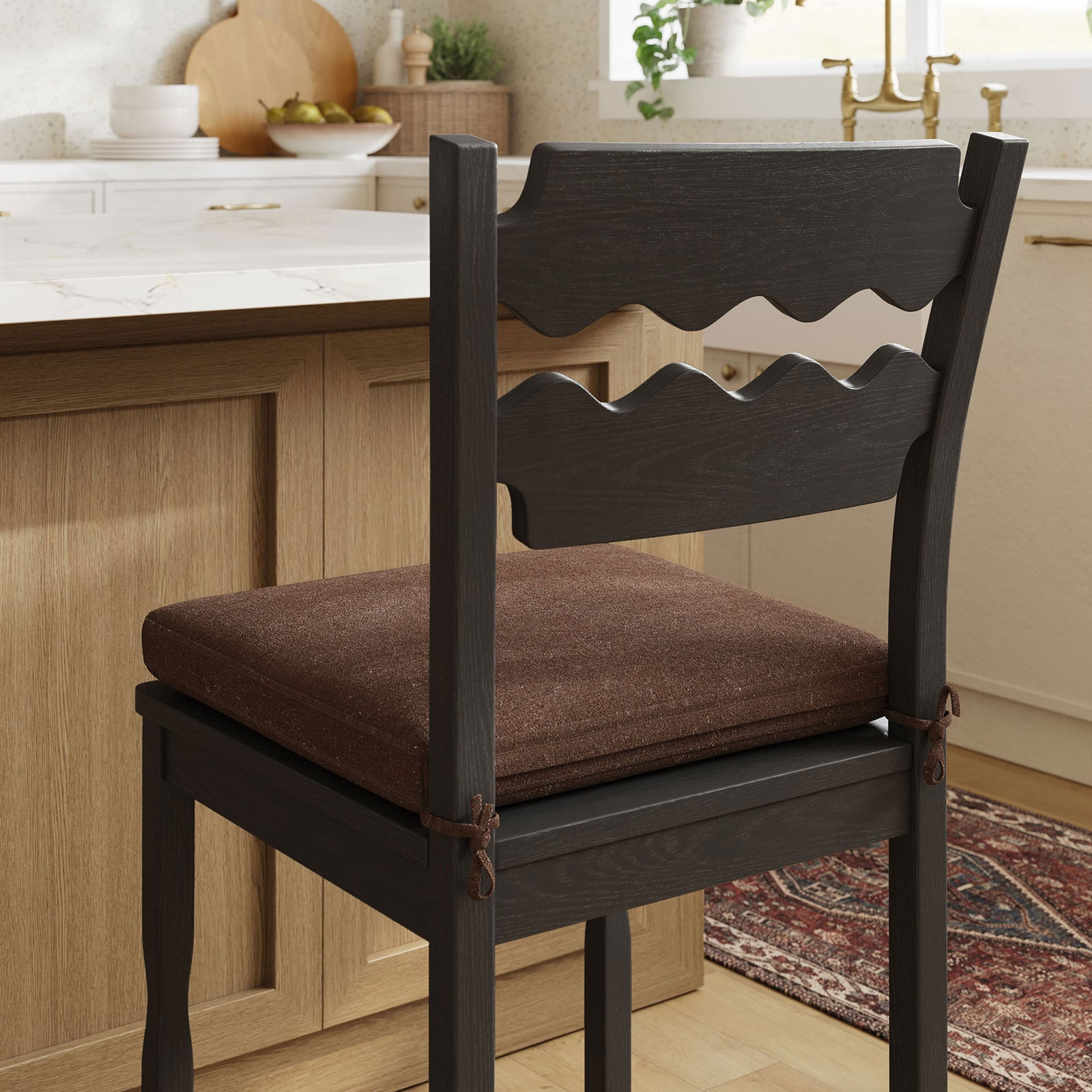 Tie-on cushion and woodgrain back add handcrafted character to everyday counter seating || EEI-7518-BLK-COA || detail_room