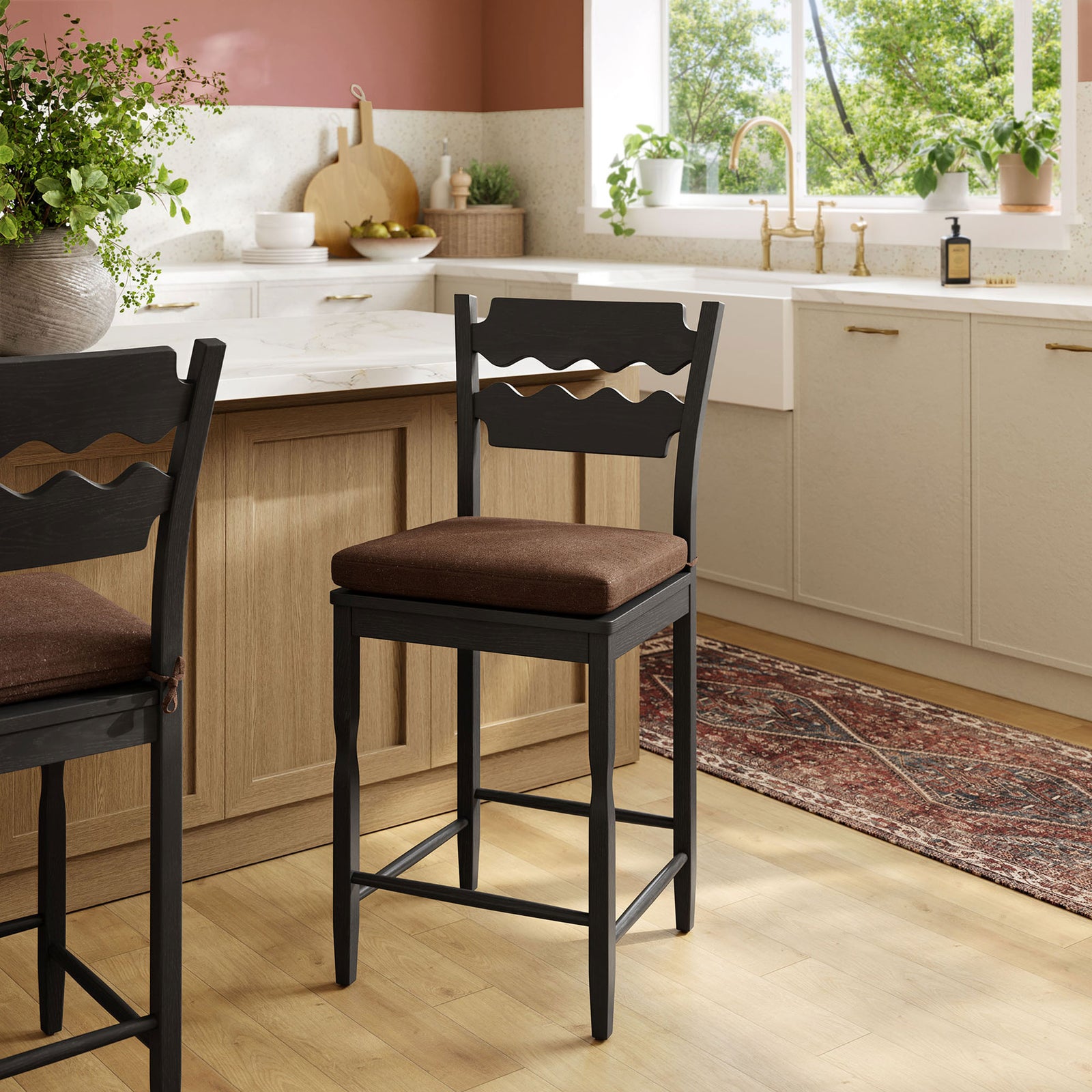 Elevated counter seating in black oak with cocoa cushions brings warm contrast to modern kitchens || EEI-7518-BLK-COA || front_angle_room