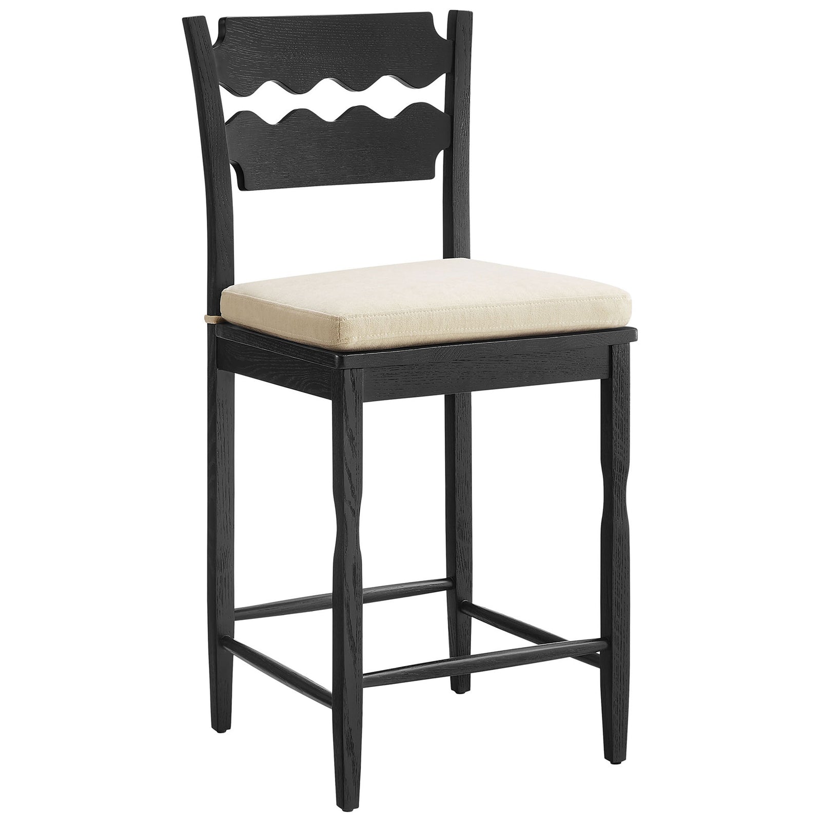 Black oak frame shows curved lines and stretcher base, topped with a supportive padded seat cushion || EEI-7518-BLK-LIN || front_angle_studio