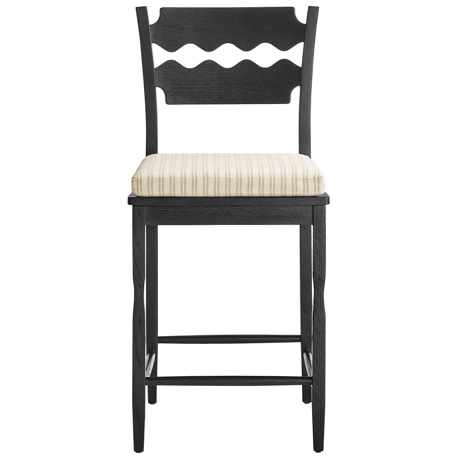 Black oak stool with signature wavy back and striped oatmeal cushion. || EEI-7518-BLK-OAS || front_studio