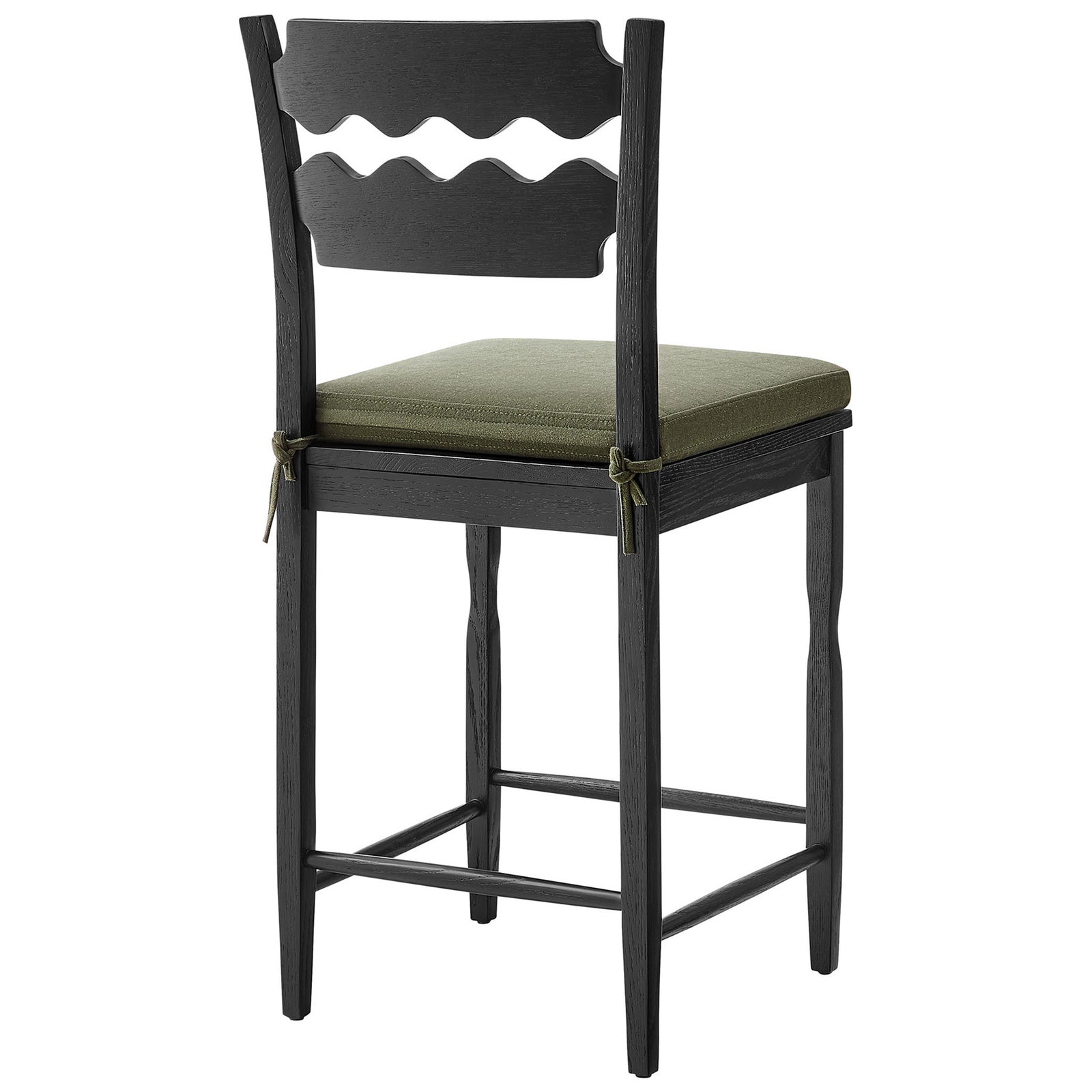 Distinctive twin wavy back slats and neat cushion ties on a black oak frame || EEI-7518-BLK-SGE || back_angle_studio