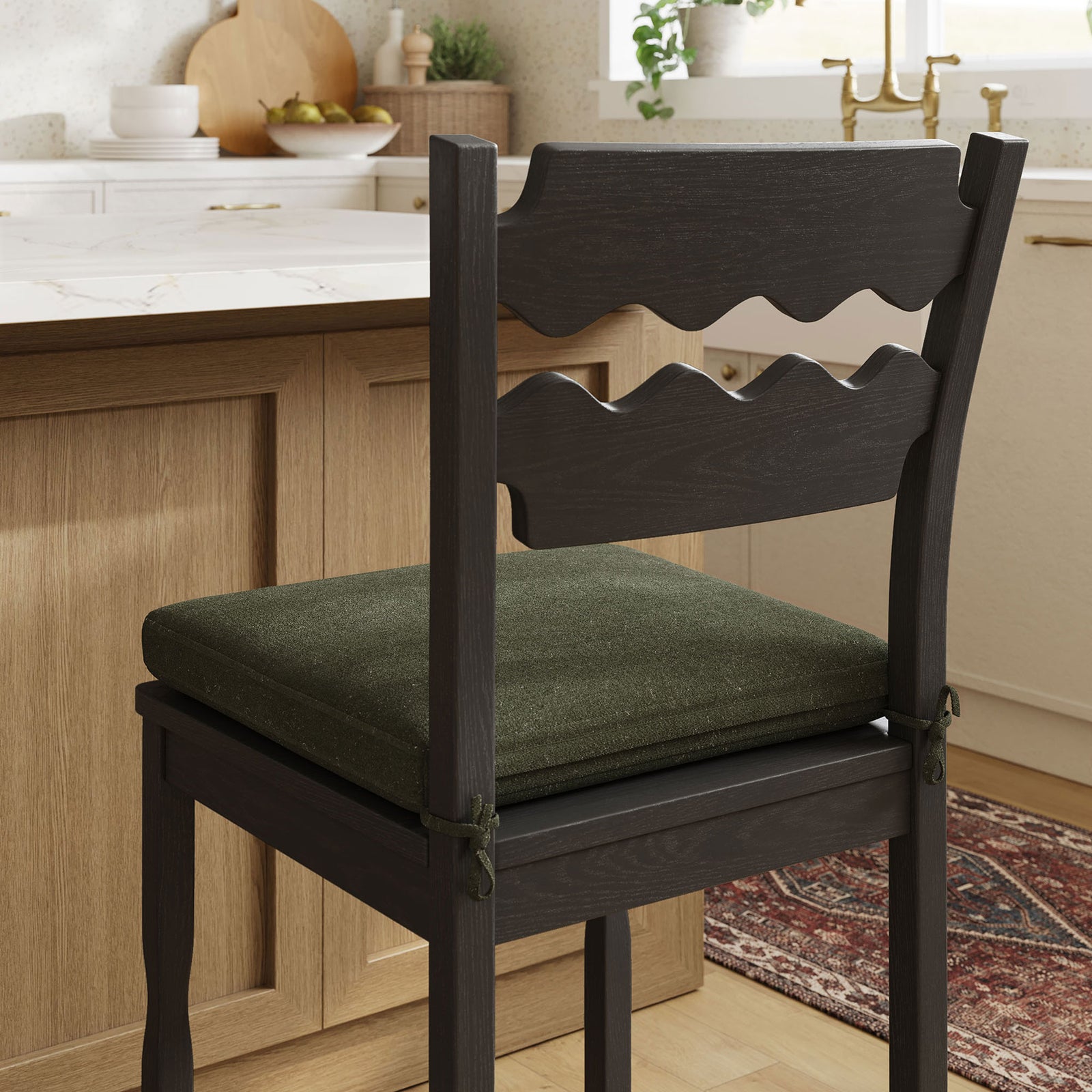 Wave-back design and cushion ties add crafted detail to everyday kitchen seating || EEI-7518-BLK-SGE || detail_room