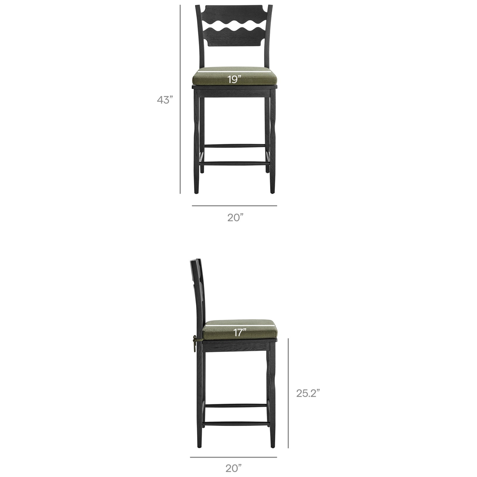 Dimensions overlay shows overall size and seat measurements for the counter stool || EEI-7518-BLK-SGE || dimension_studio
