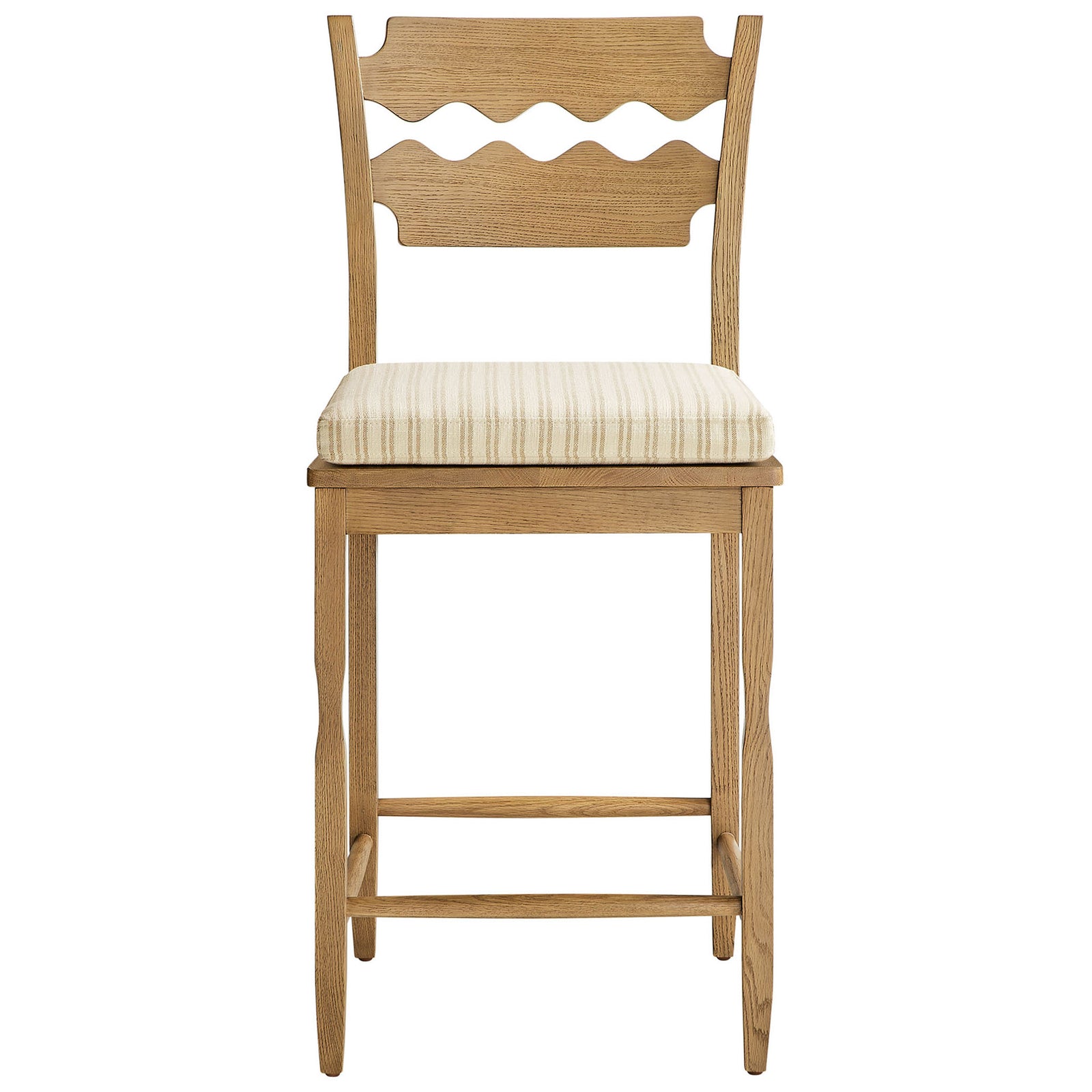 Solid oak counter stool with wavy razor-back and striped cushion for timeless kitchen style. || EEI-7518-WOA-OAS || front_studio
