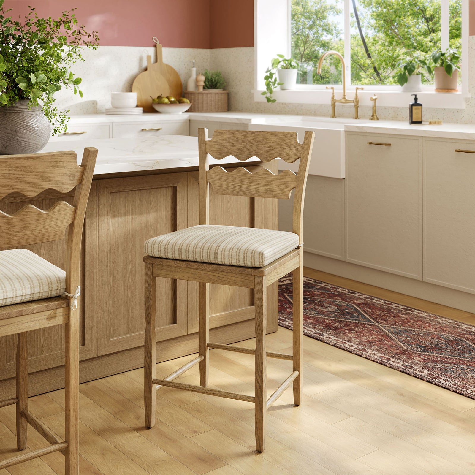 Warm weathered oak and a tailored striped seat elevate everyday kitchen seating. || EEI-7518-WOA-OAS || front_angle_room