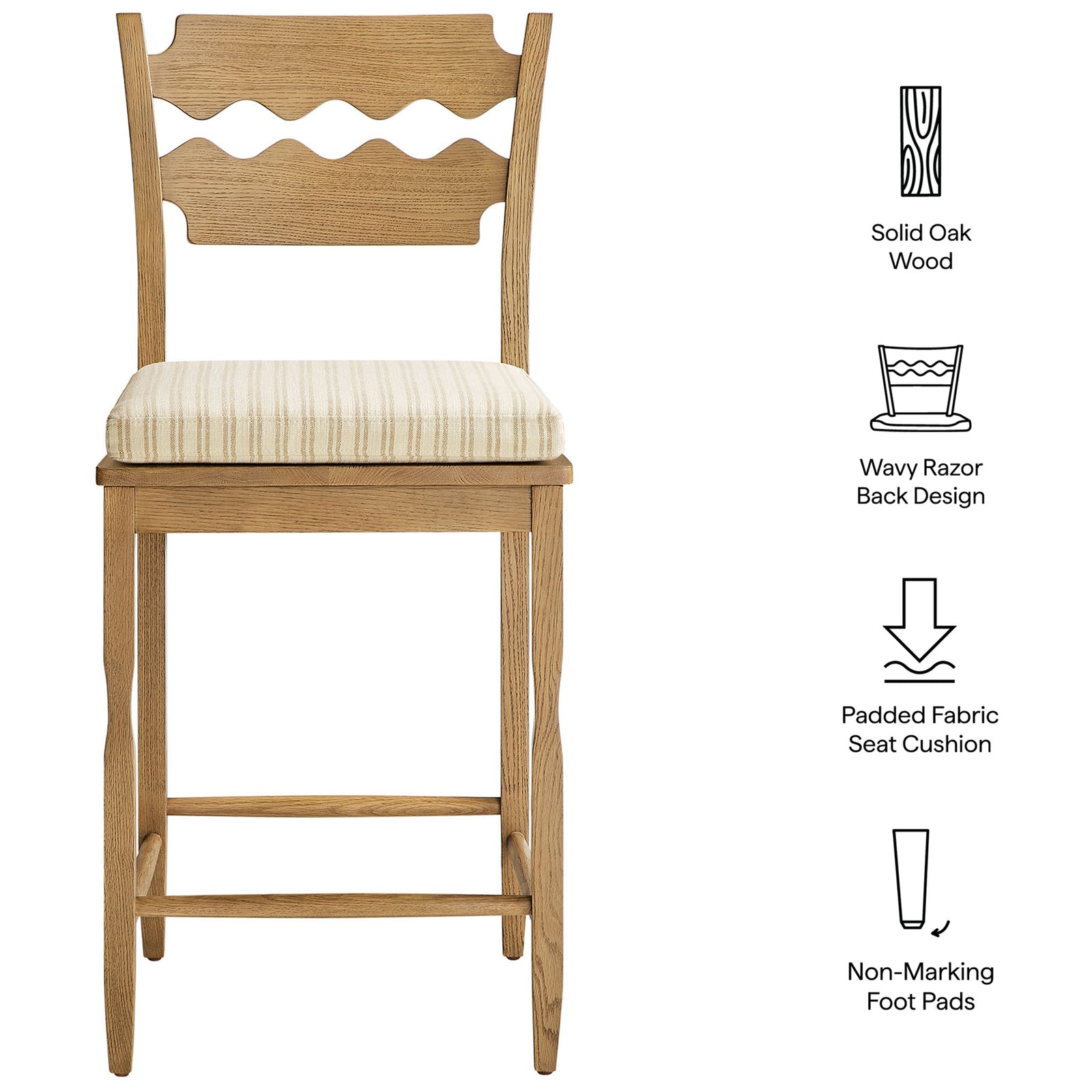 Solid oak build and padded striped cushion paired with the stool's refined wavy back. || EEI-7518-WOA-OAS || callout_studio