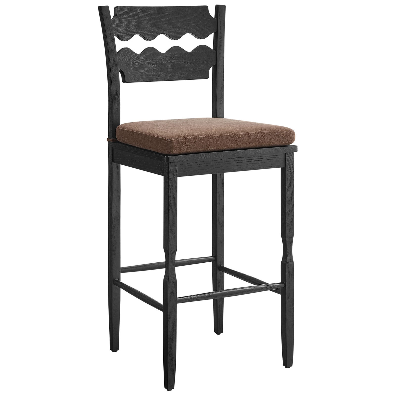 Solid oak bar stool in black with cocoa fabric seat and sculpted backrest for vintage appeal || EEI-7519-BLK-COA || front_angle_studio