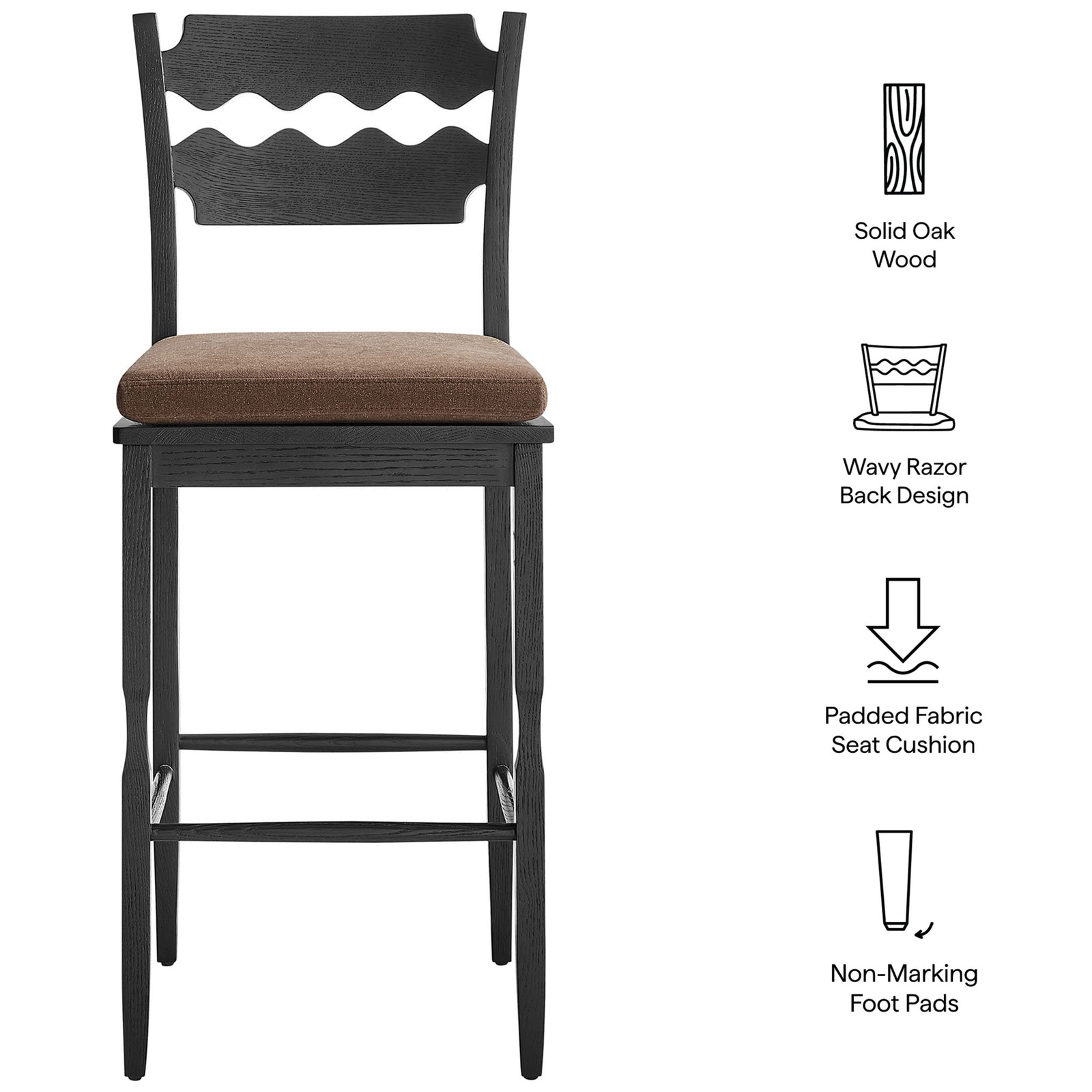 Jax bar stool highlights: solid oak build, wavy back design, padded seat, non-marking pads || EEI-7519-BLK-COA || callout_studio