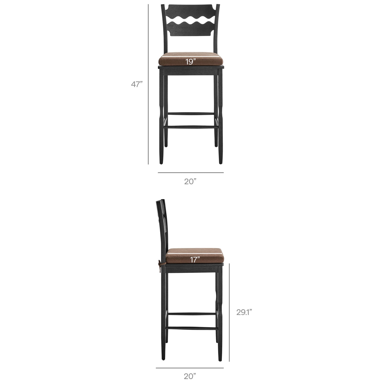 Bar stool dimensions listing overall height and seat measurements for a perfect fit || EEI-7519-BLK-COA || dimension_studio
