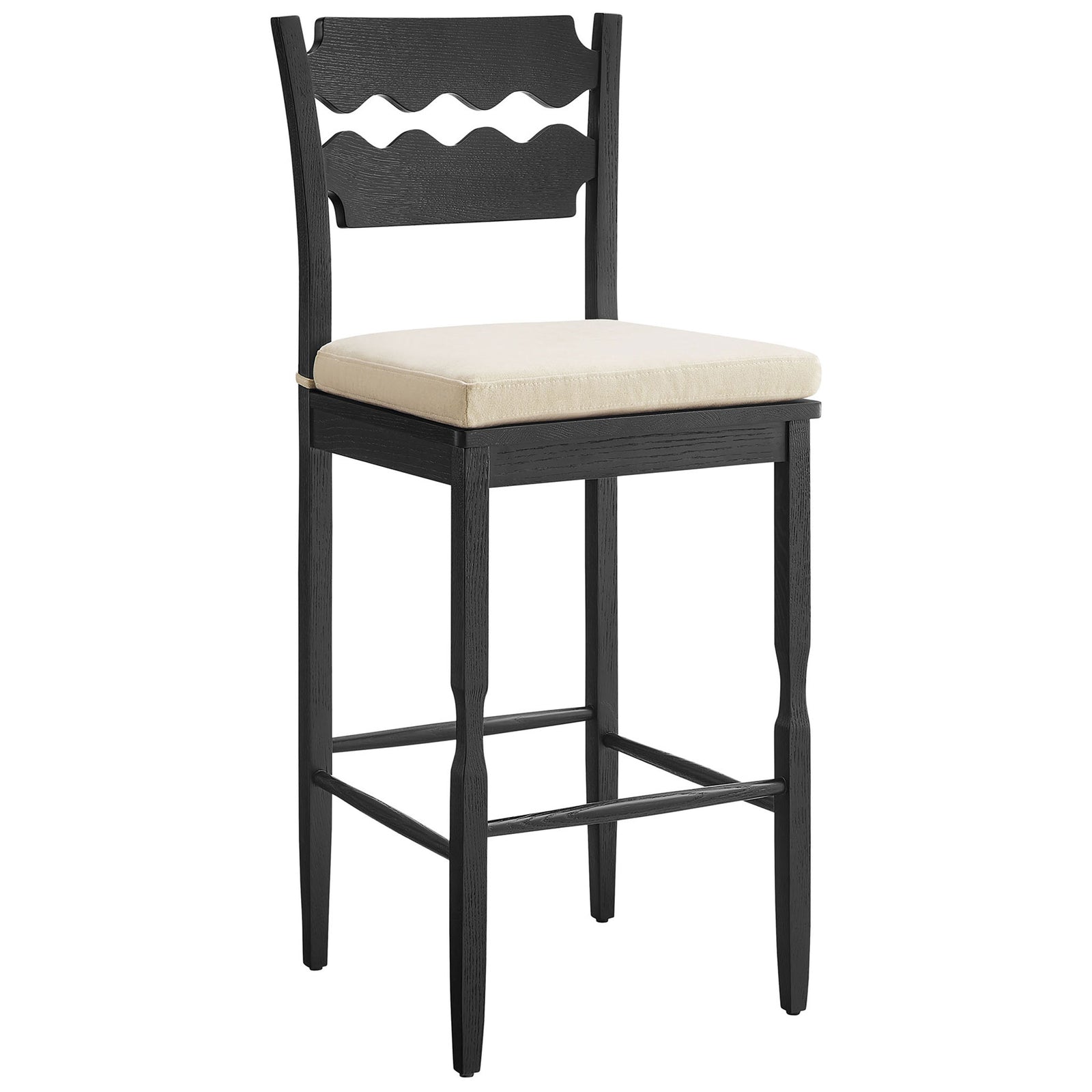 Black oak frame with sculpted legs and sturdy stretchers supports a plush, inviting seat || EEI-7519-BLK-LIN || front_angle_studio