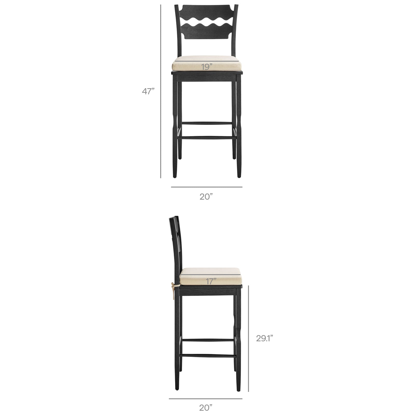 Proportioned for bar-height comfort with supportive back and durable stretchers || EEI-7519-BLK-LIN || dimension_studio