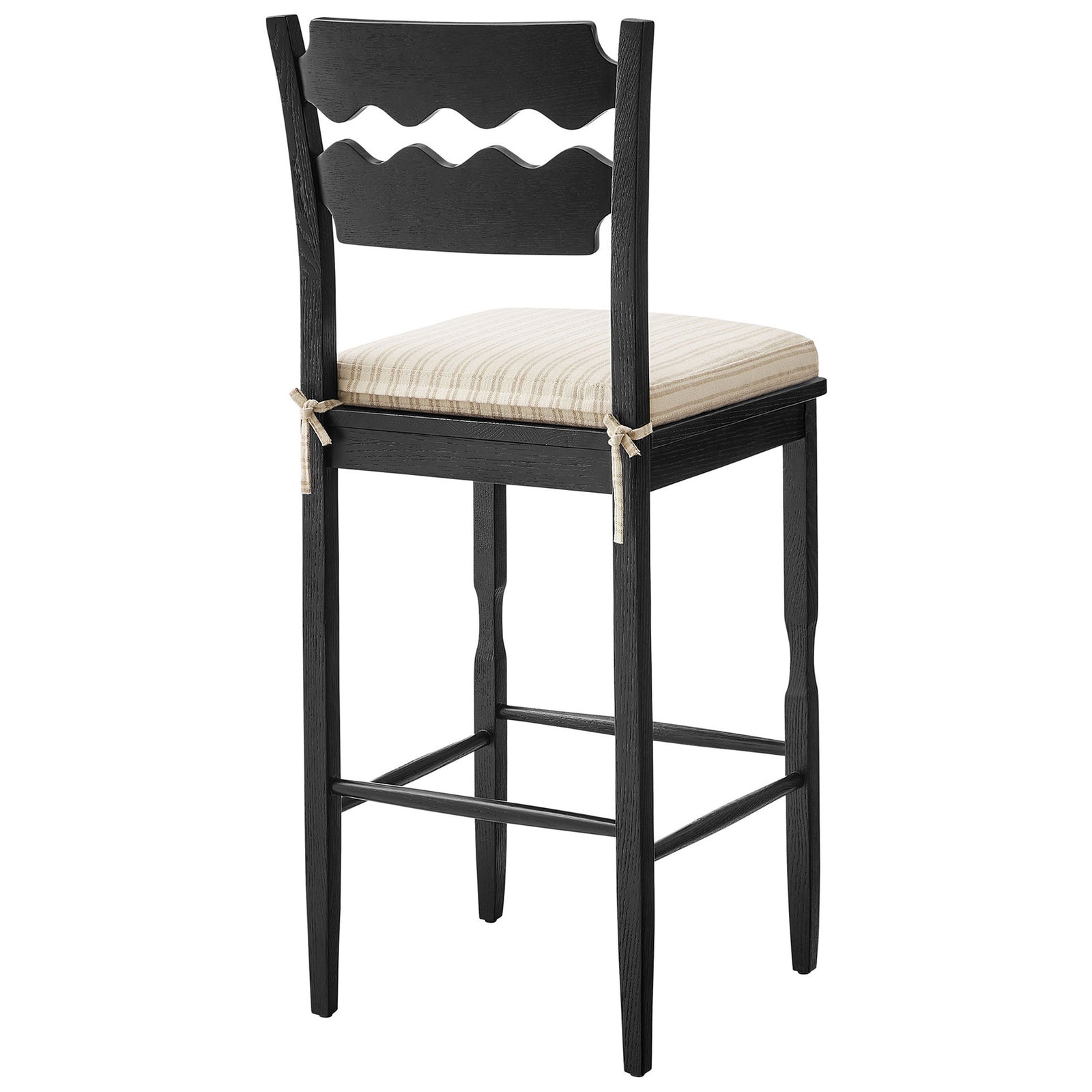 Graceful wavy slats and secure cushion ties accent the slim frame. || EEI-7519-BLK-OAS || back_angle_studio