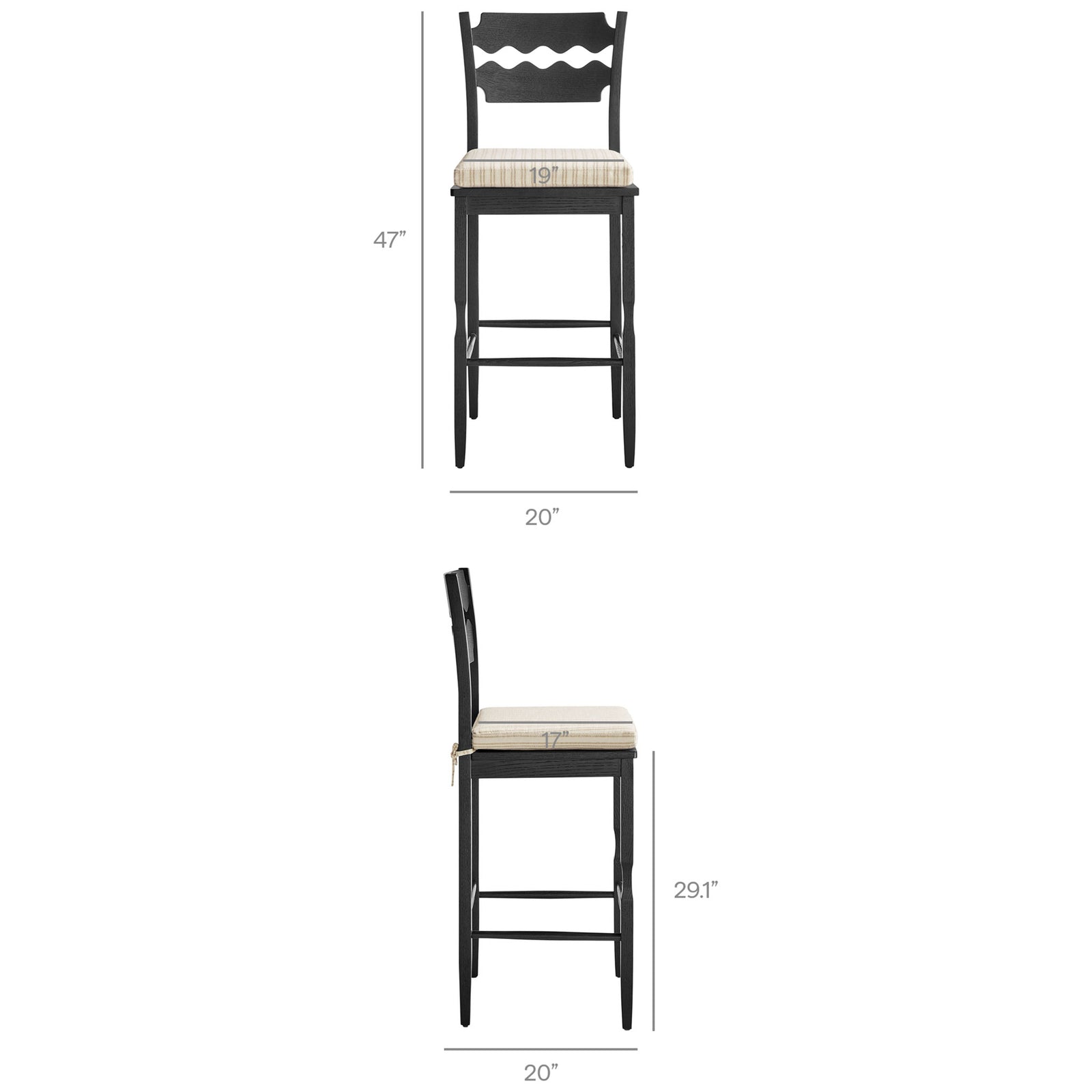 Overall and seat dimensions provided for easy sizing. || EEI-7519-BLK-OAS || dimension_studio