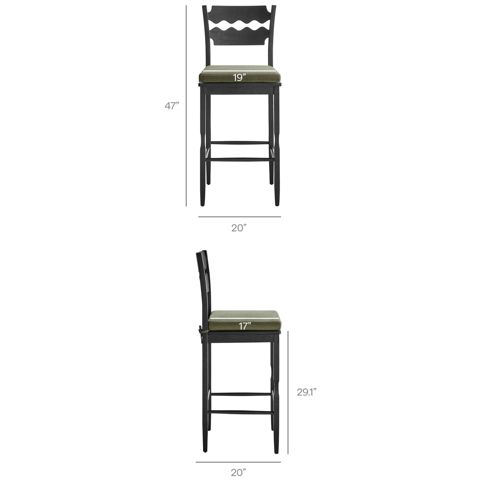 Dimensions overlay shows overall height and seat measurements for the bar stool || EEI-7519-BLK-SGE || dimension_studio