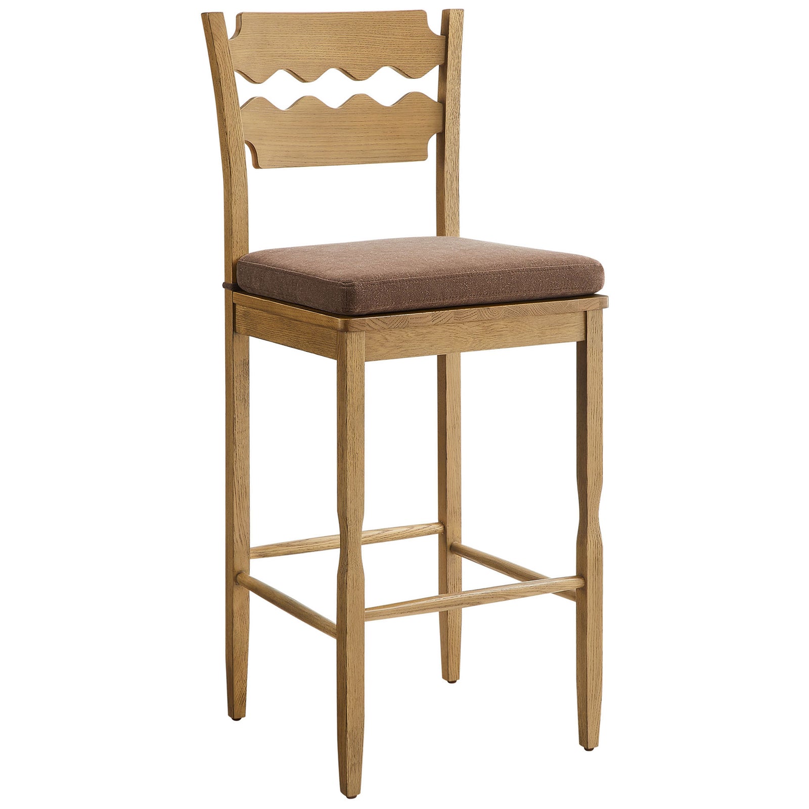 Weathered oak bar stool showcases a sculpted back and plush, tie-on cocoa seat || EEI-7519-WOA-COA || front_angle_studio
