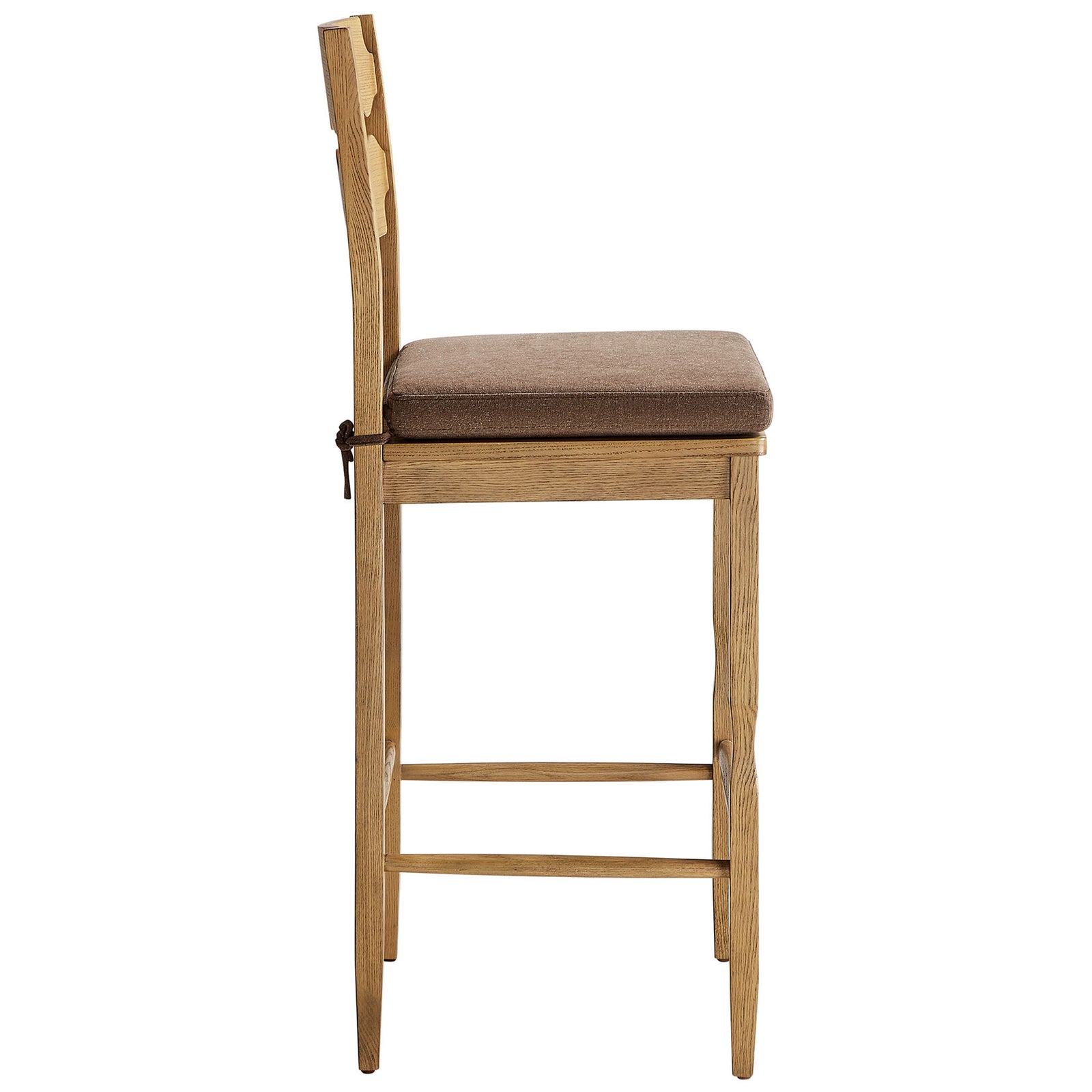 Graceful oak legs and footrest support a comfortable padded bar-height seat || EEI-7519-WOA-COA || side_studio