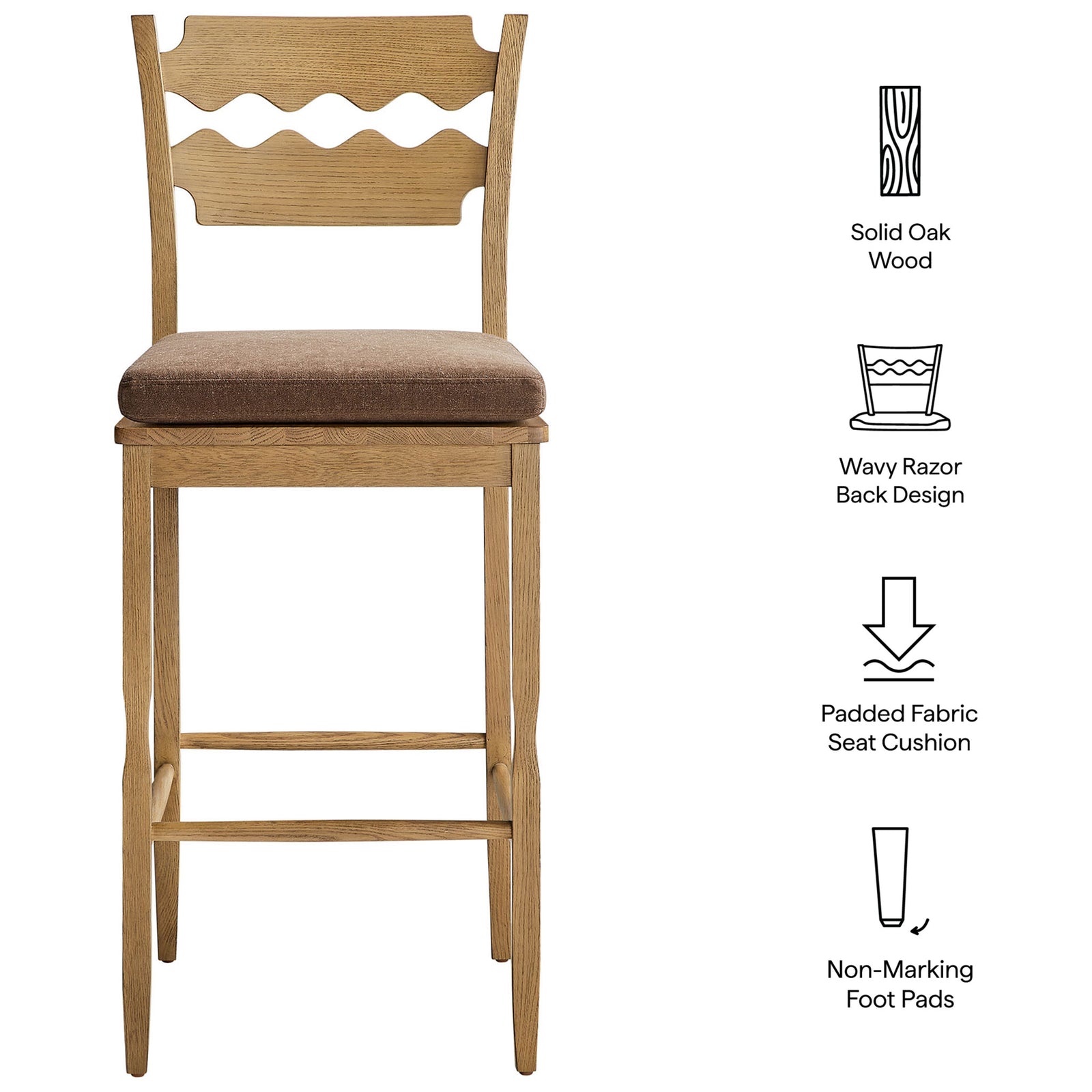 Feature callouts spotlight solid oak, wavy back design, cushioned seat, and non-marking pads || EEI-7519-WOA-COA || callout_studio