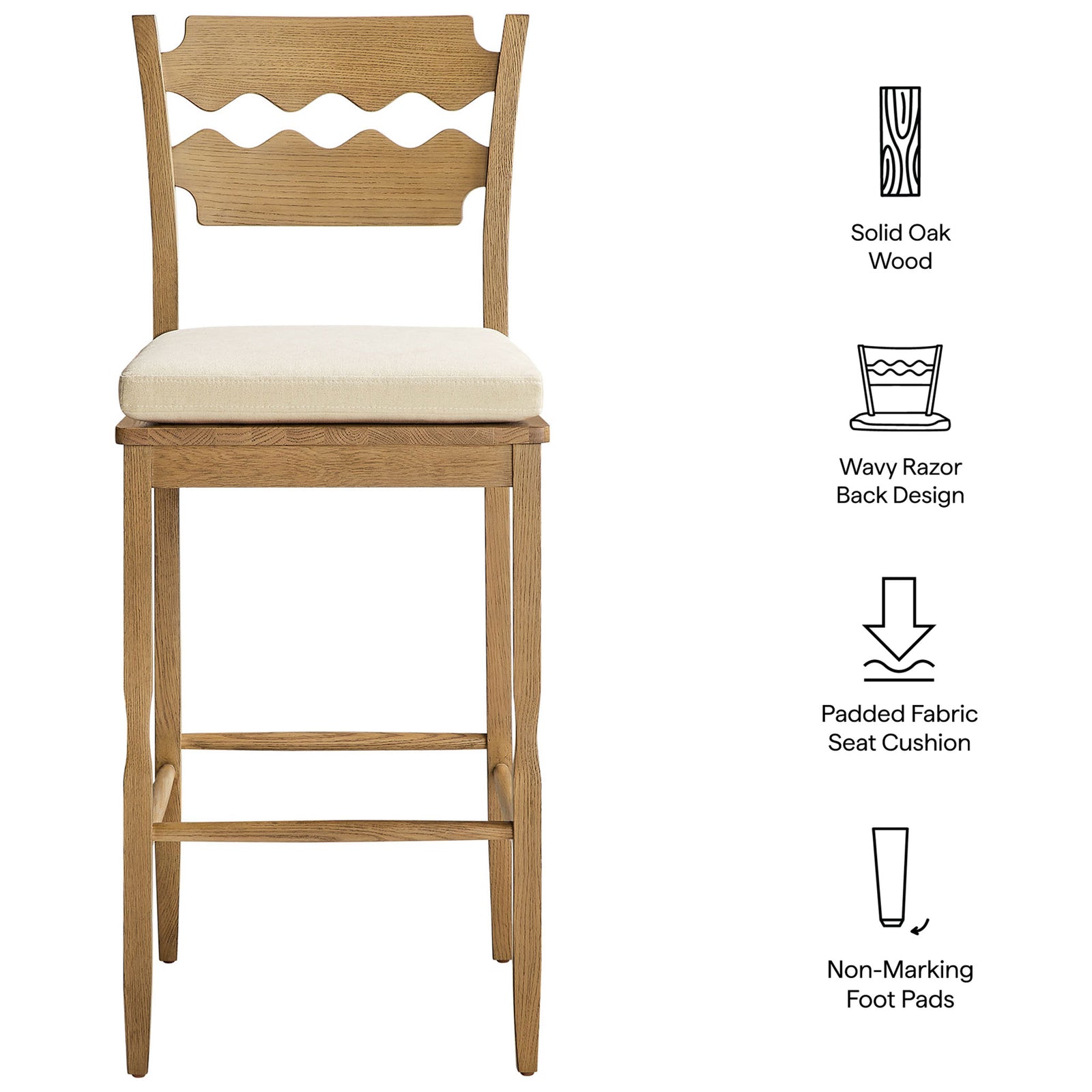 Solid oak bar stool with padded seat, wavy back design, and floor-friendly foot pads || EEI-7519-WOA-LIN || callout_studio