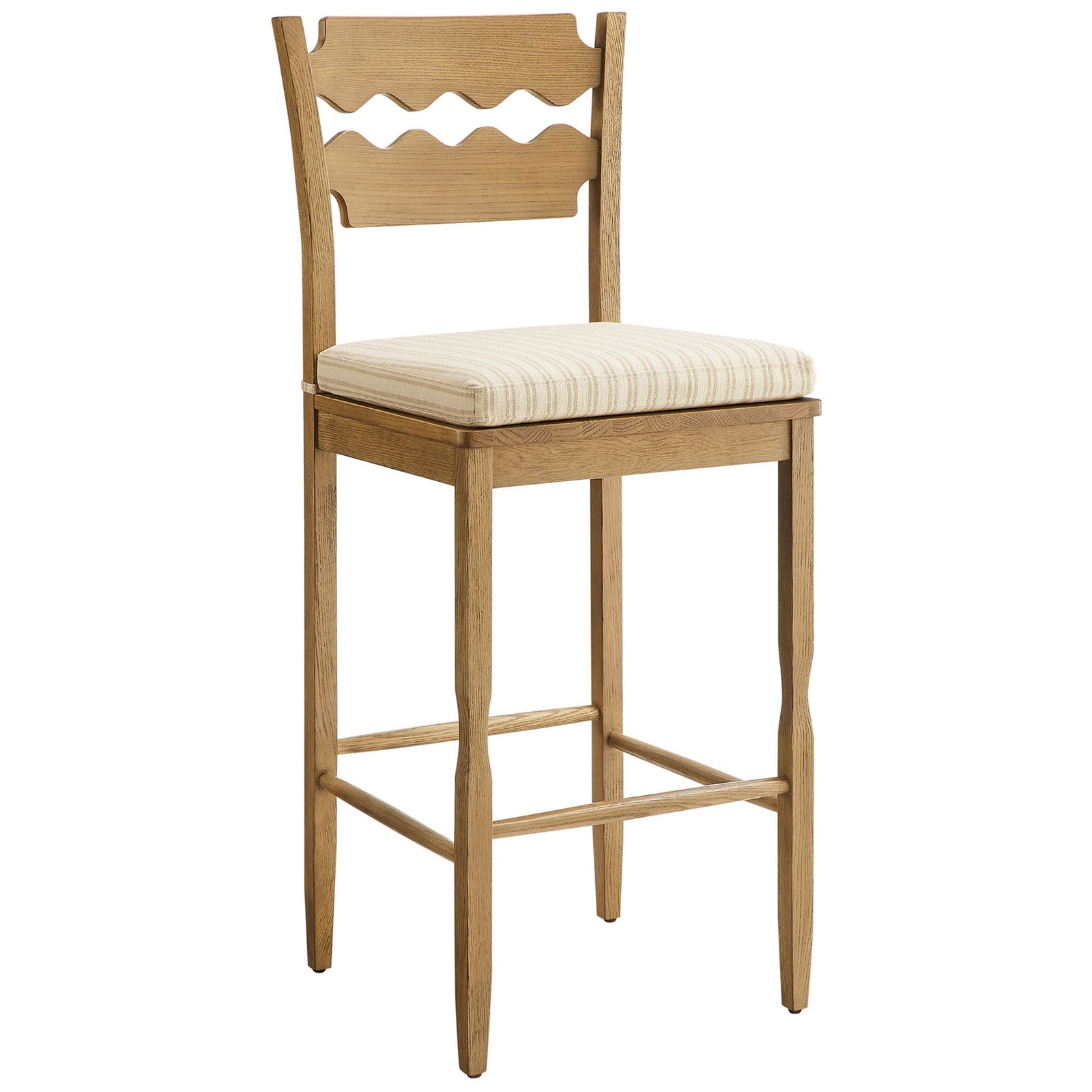 Oak bar stool with sculpted legs, tie-on striped cushion, and a supportive footrest. || EEI-7519-WOA-OAS || front_angle_studio