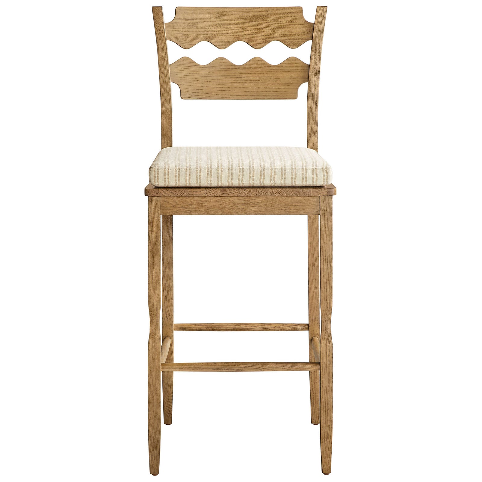 Solid oak bar stool with wavy razor-back and striped cushion for elevated seating comfort. || EEI-7519-WOA-OAS || front_studio