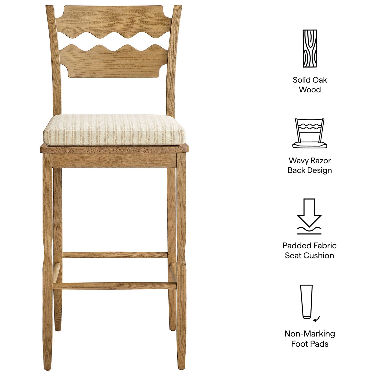 Solid oak frame and padded striped cushion showcase clean, timeless bar seating. || EEI-7519-WOA-OAS || callout_studio
