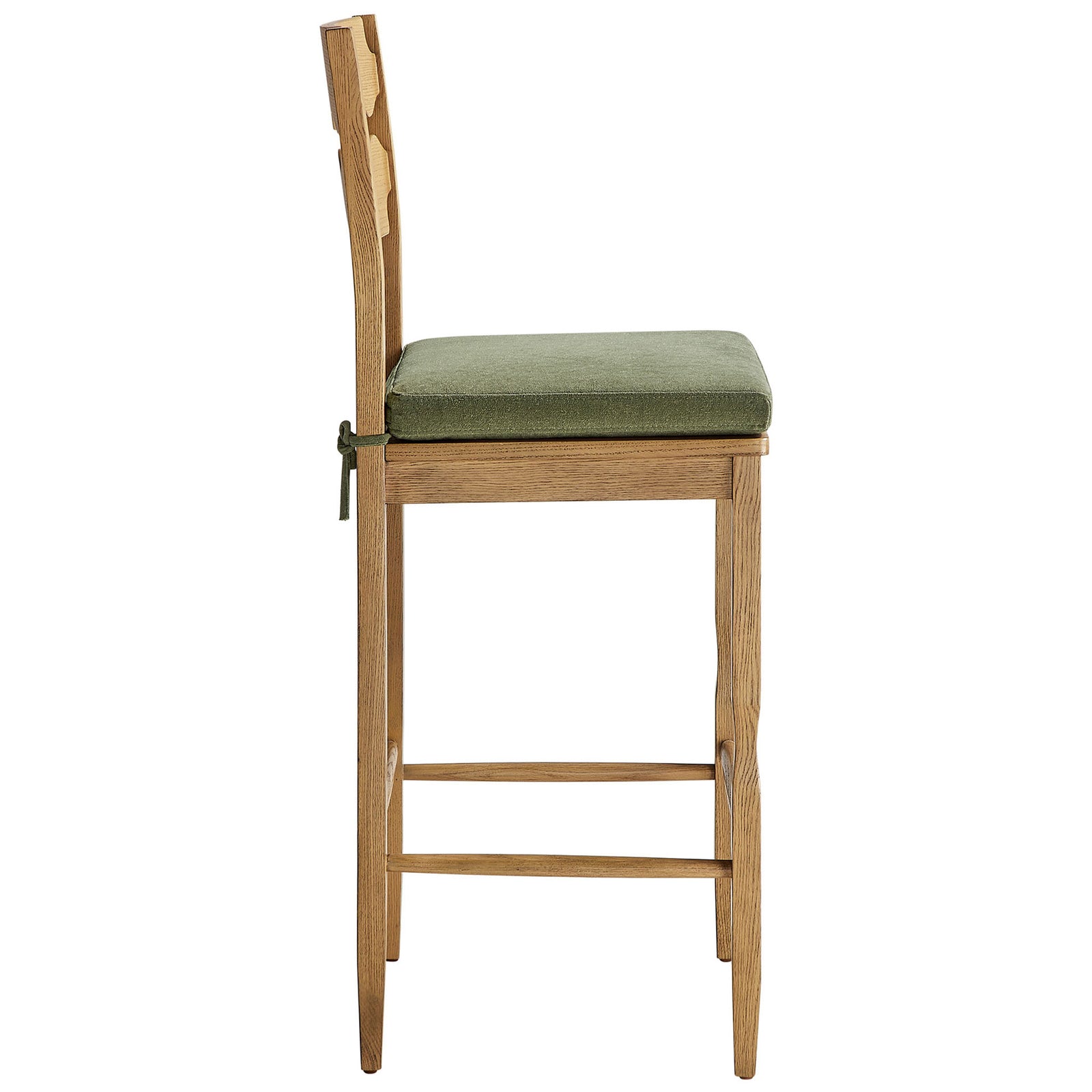 Graceful side profile with stretcher footrest and neatly upholstered sage seat || EEI-7519-WOA-SGE || side_studio
