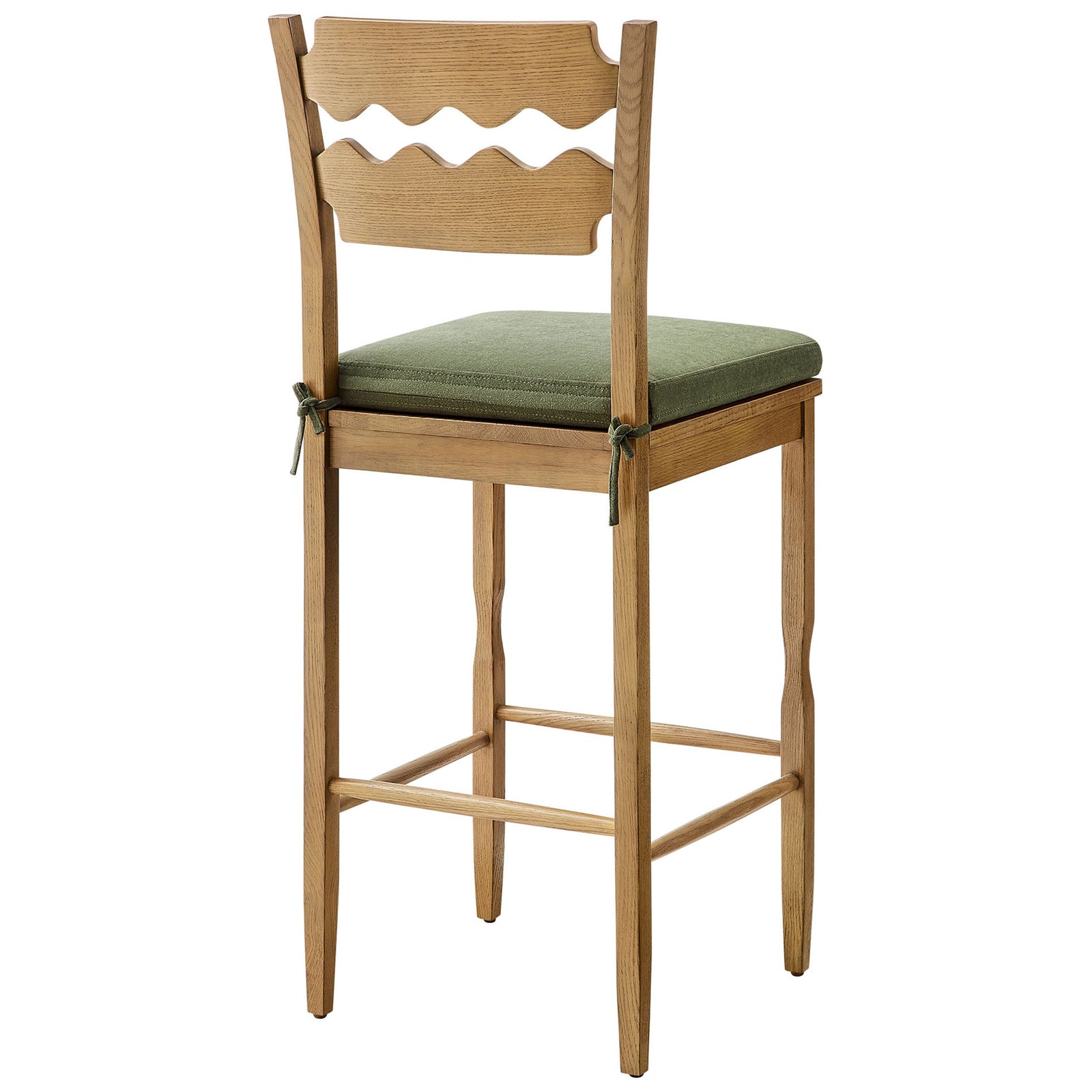 Wavy twin back slats and oak grain lend vintage charm to this sturdy stool || EEI-7519-WOA-SGE || back_angle_studio