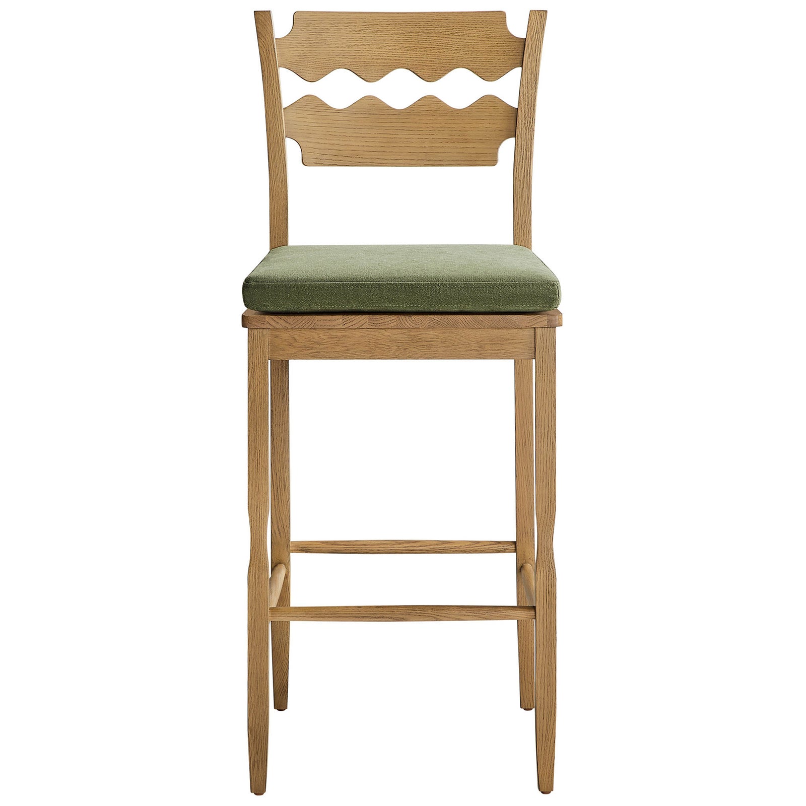 Weathered oak stool with iconic wavy back and deep sage cushioned seat || EEI-7519-WOA-SGE || front_studio