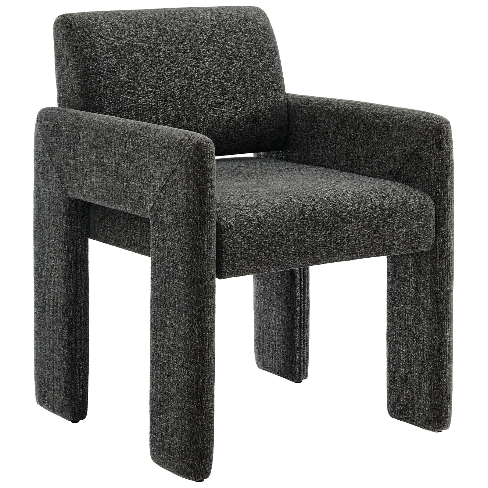 Charcoal fabric dining armchair with thick upholstered legs and a clean, architectural silhouette. || EEI-7524-CHA || front_angle_studio