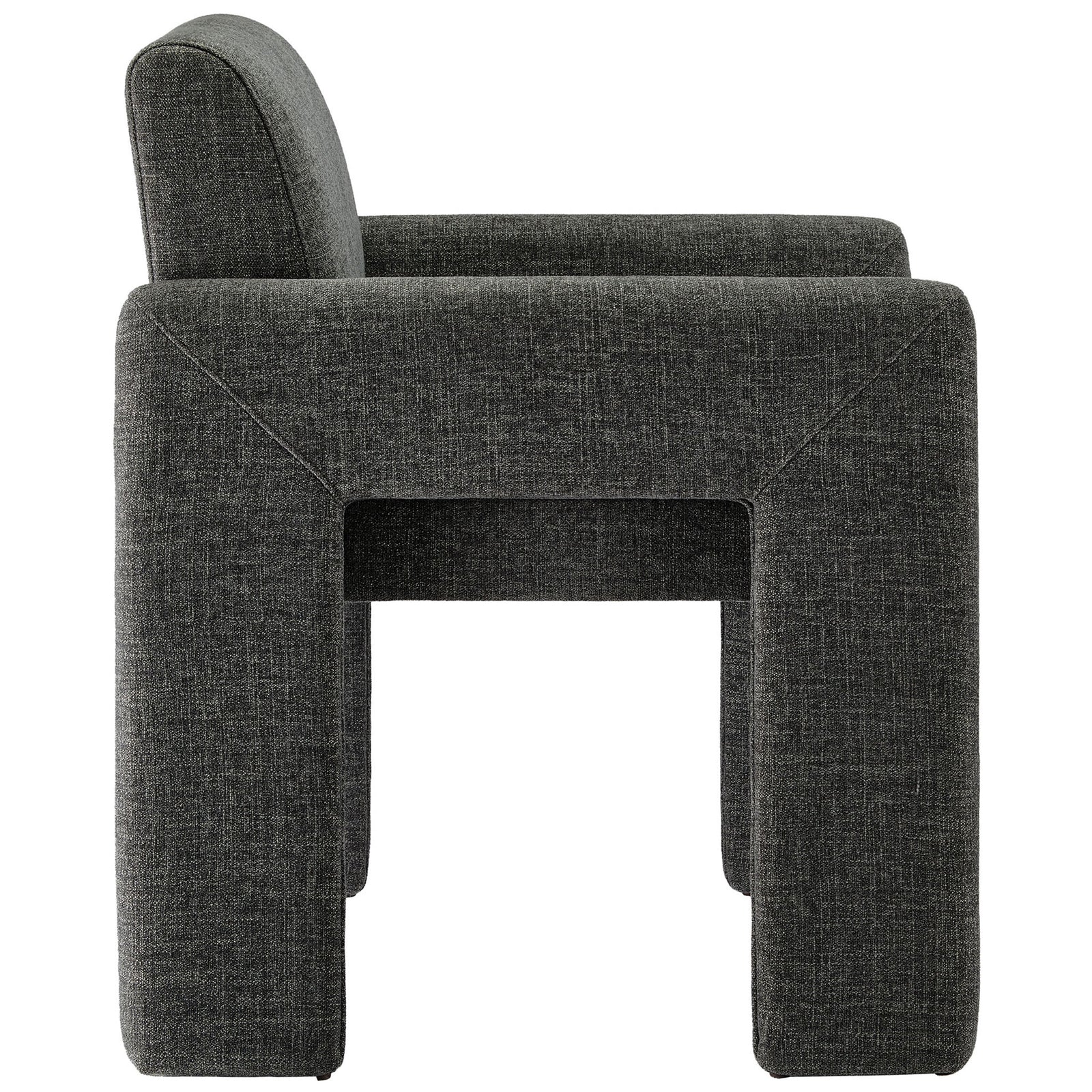 Sleek charcoal dining armchair showing low back, wraparound arms, and cushioned seat support. || EEI-7524-CHA || side_studio