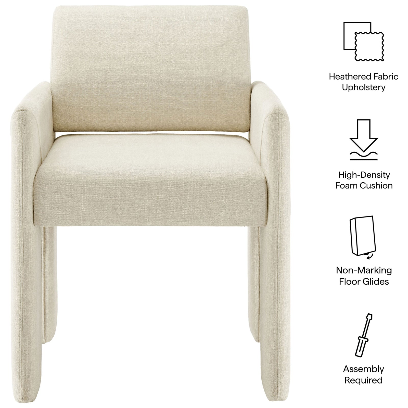 Ecru Daven dining chair with heathered fabric, high-density foam seat, and non-marking floor glides featured || EEI-7524-ECR || callout_studio