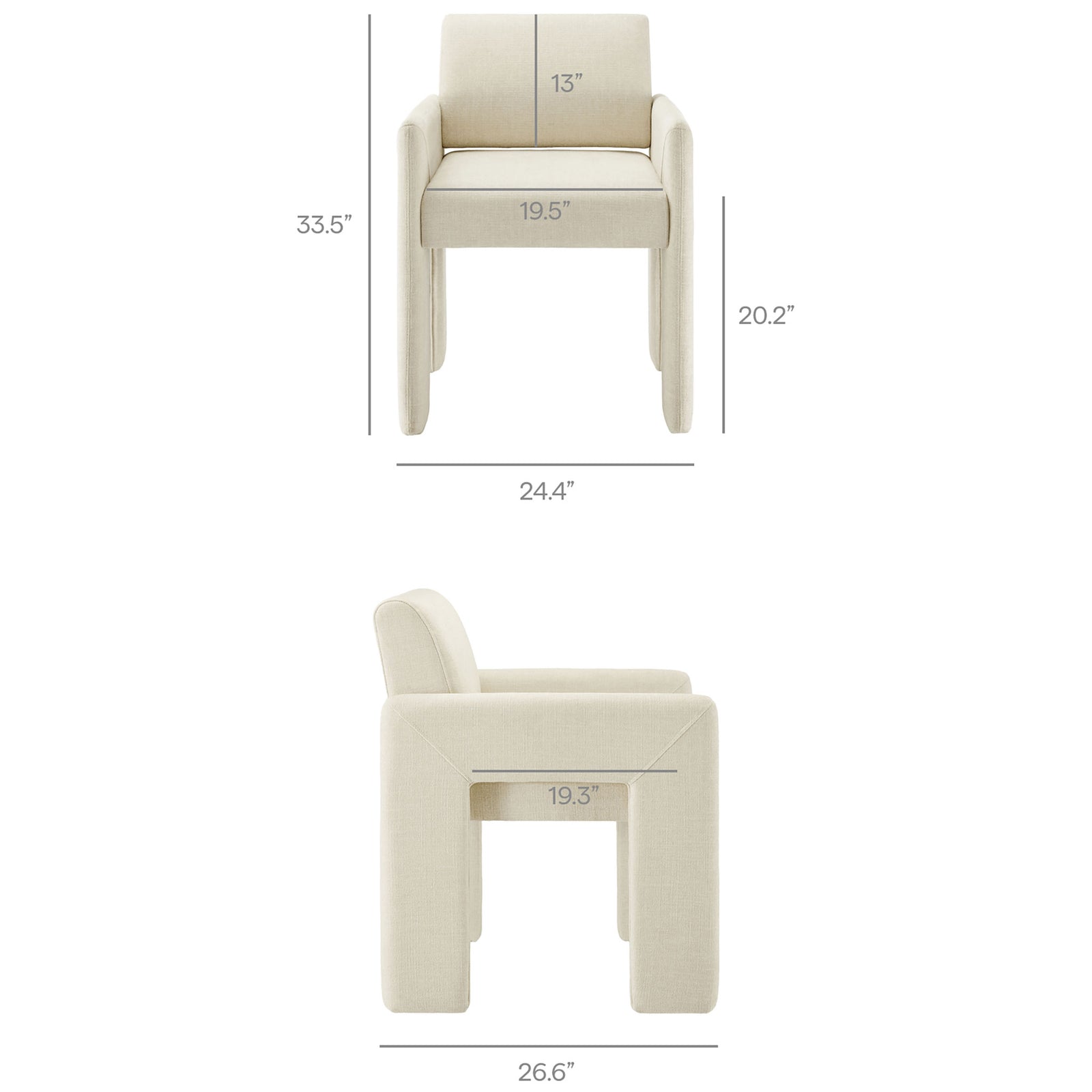 Daven upholstered dining chair with labeled front and side measurements for height, width, and depth || EEI-7524-ECR || dimension_studio