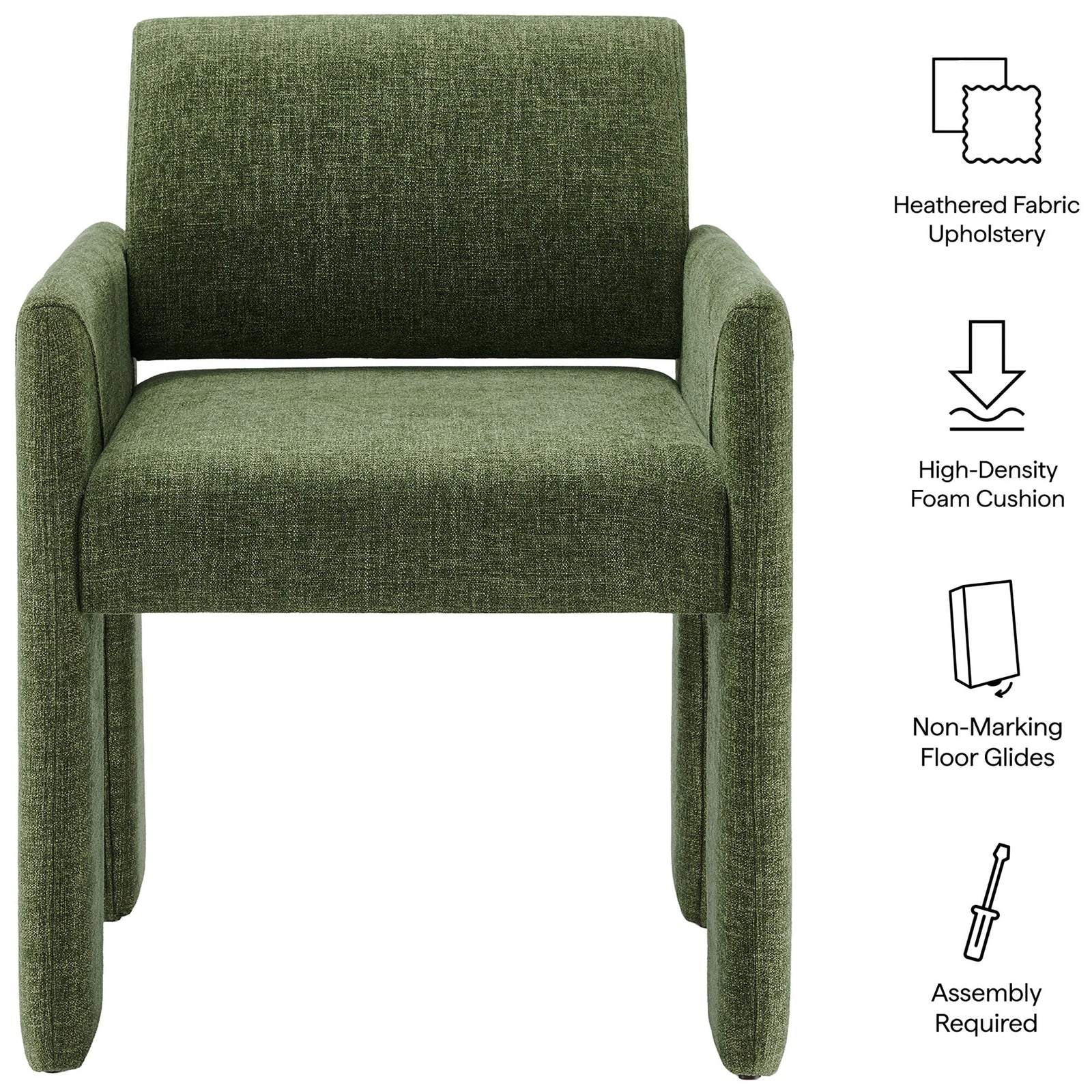 Green upholstered dining chair with icons calling out heathered fabric, plush foam, floor glides, and easy assembly. || EEI-7524-FOL || callout_studio
