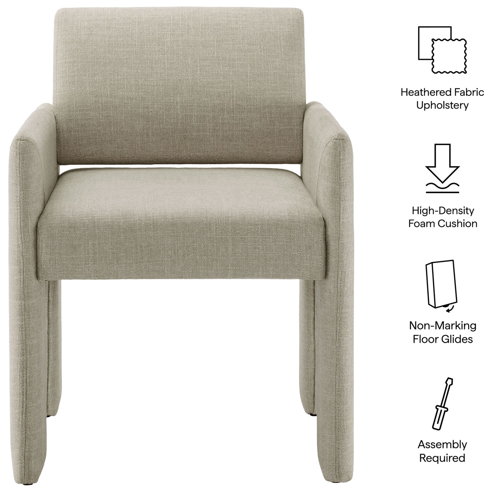 Daven linen dining chair with callouts for heathered fabric, dense foam cushioning, floor glides, and easy assembly || EEI-7524-LIN || callout_studio
