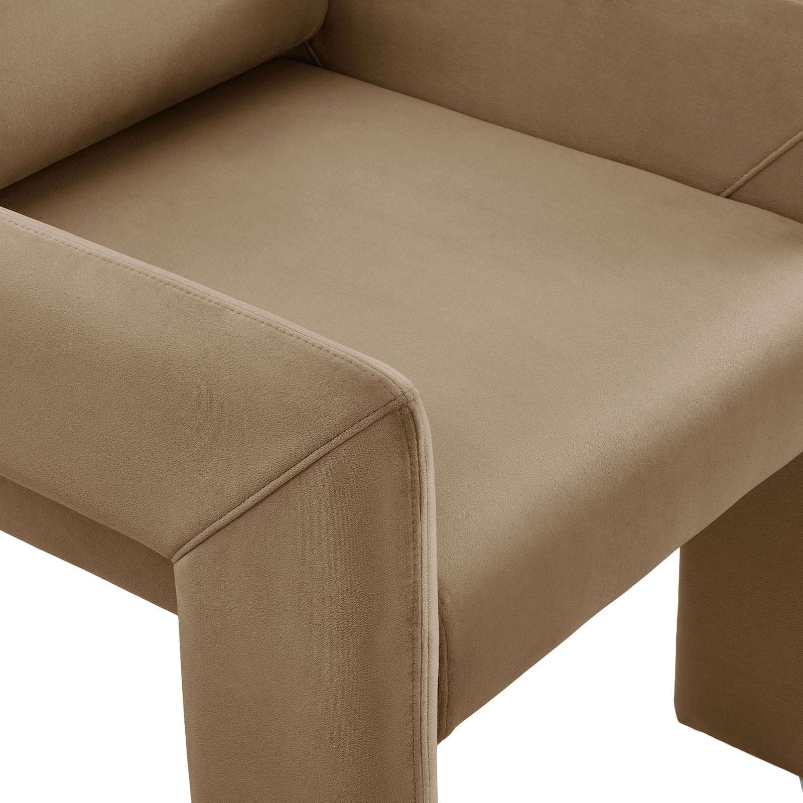 Soft taupe velvet upholstery with neat tailoring on the cushioned seat and arm || EEI-7525-TAU || detail_studio