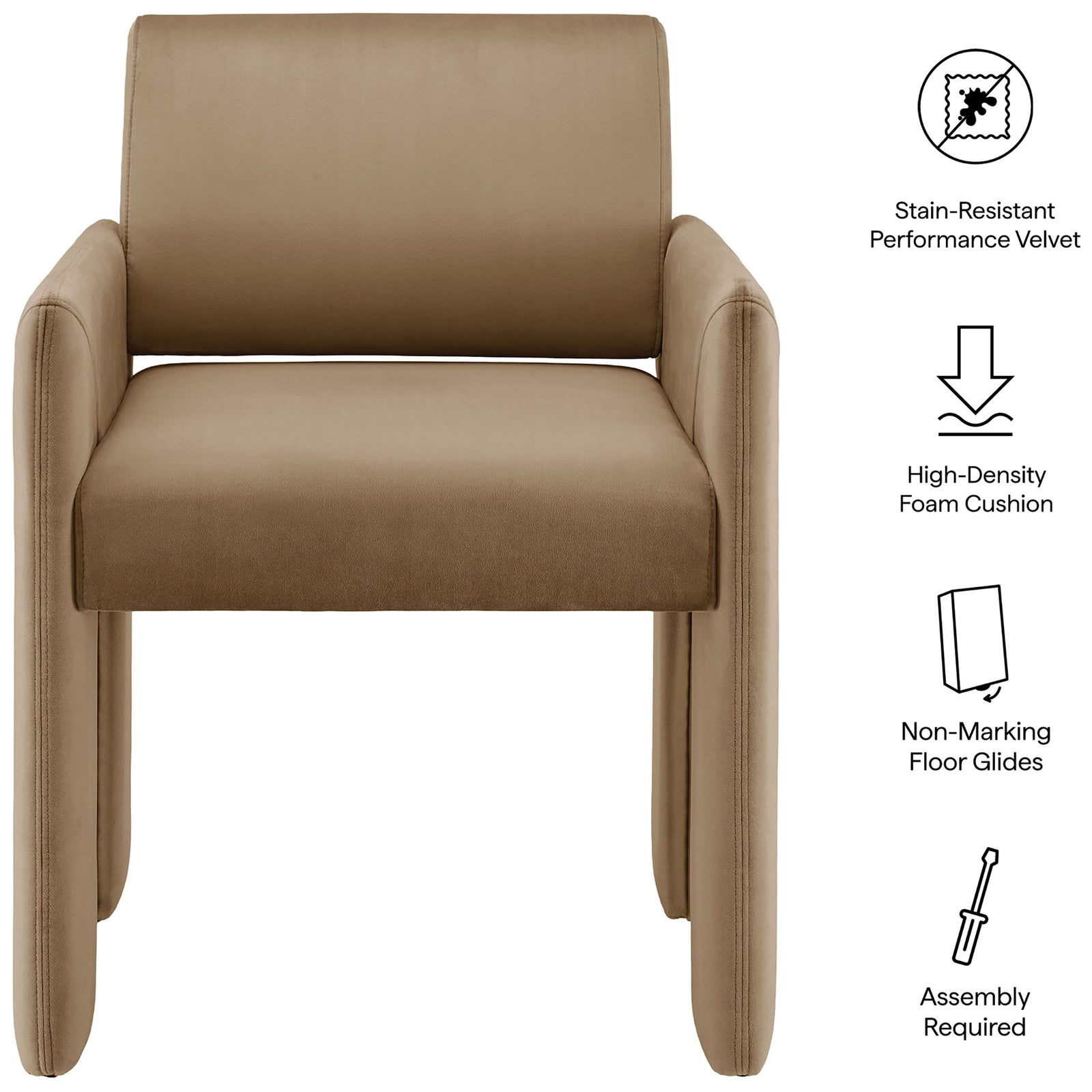 Taupe velvet dining armchair with notes for stain resistance, foam, glides, and assembly || EEI-7525-TAU || callout_studio