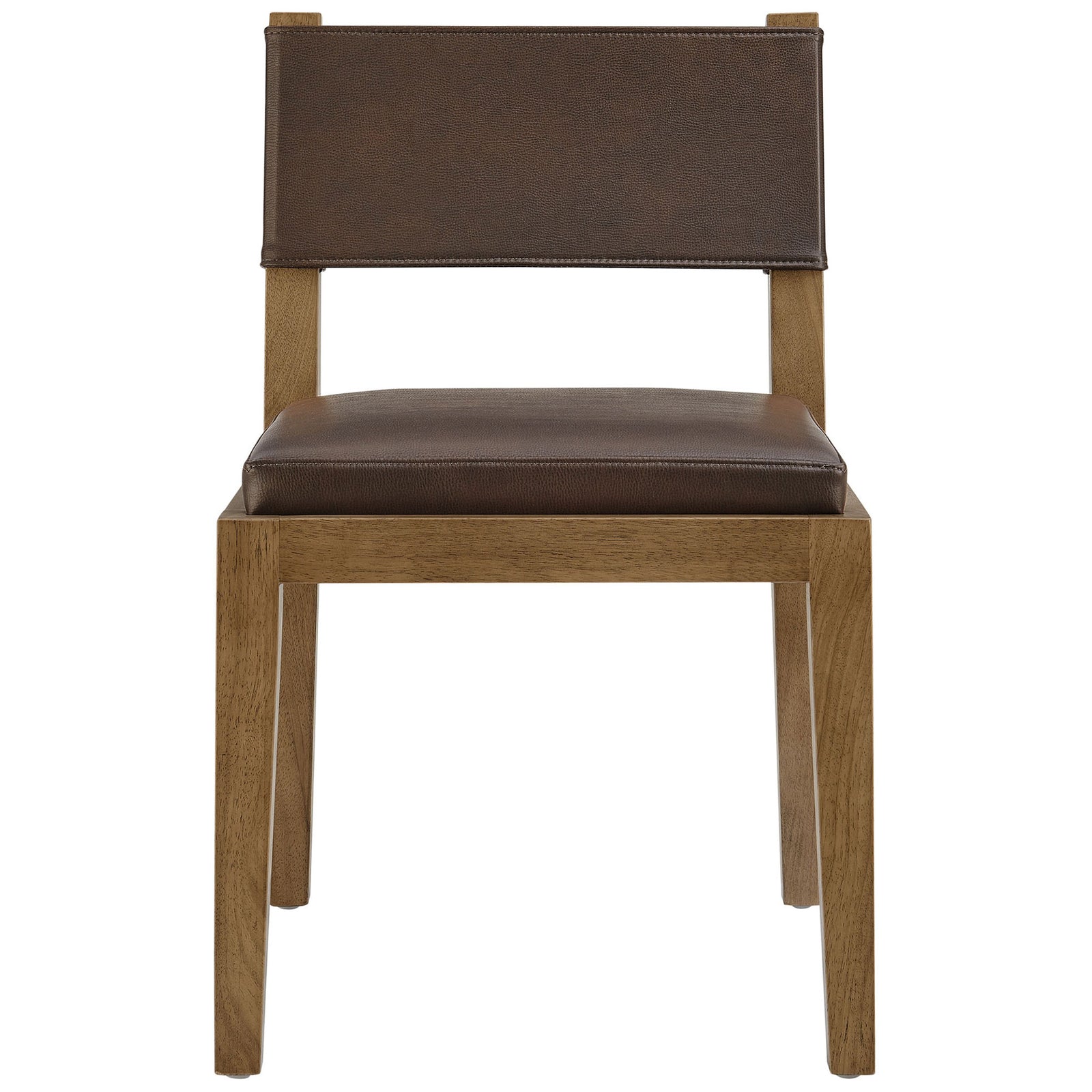 Espresso vegan leather dining chair with low backrest and cushioned seat on a warm natural wood frame || EEI-7527-ESP || front_studio
