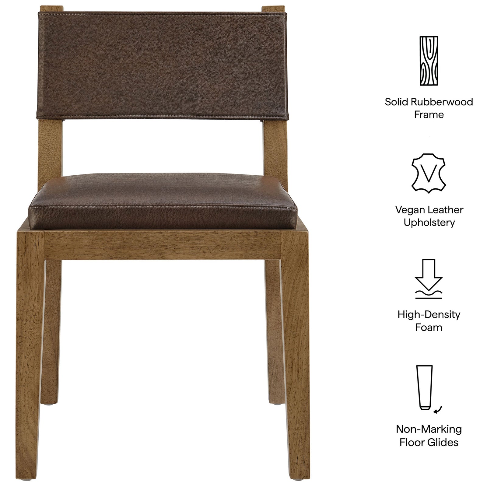 Calder dining chair highlighting solid rubberwood frame, vegan leather upholstery, foam padding, and floor glides || EEI-7527-ESP || callout_studio