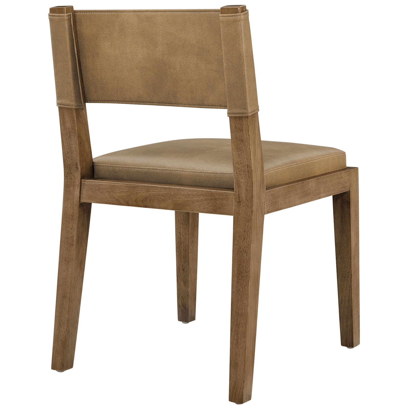 Modern dining chair in warm toast vegan leather featuring a broad padded backrest and sturdy wood legs || EEI-7527-TST || back_angle_studio