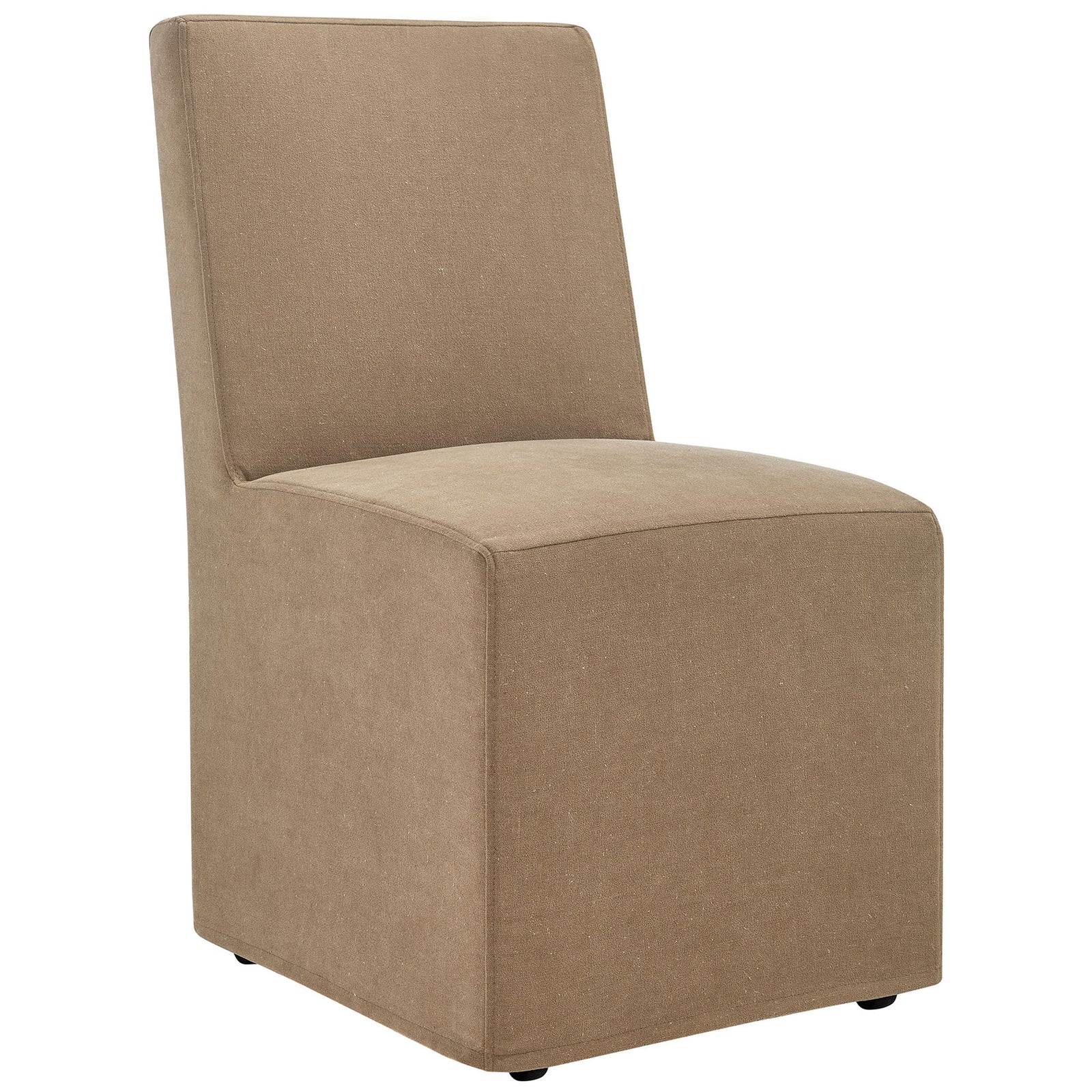 Streamlined almond slipcovered dining chair shows its smooth seat and gently tapered backrest || EEI-7528-ALM || front_angle_studio