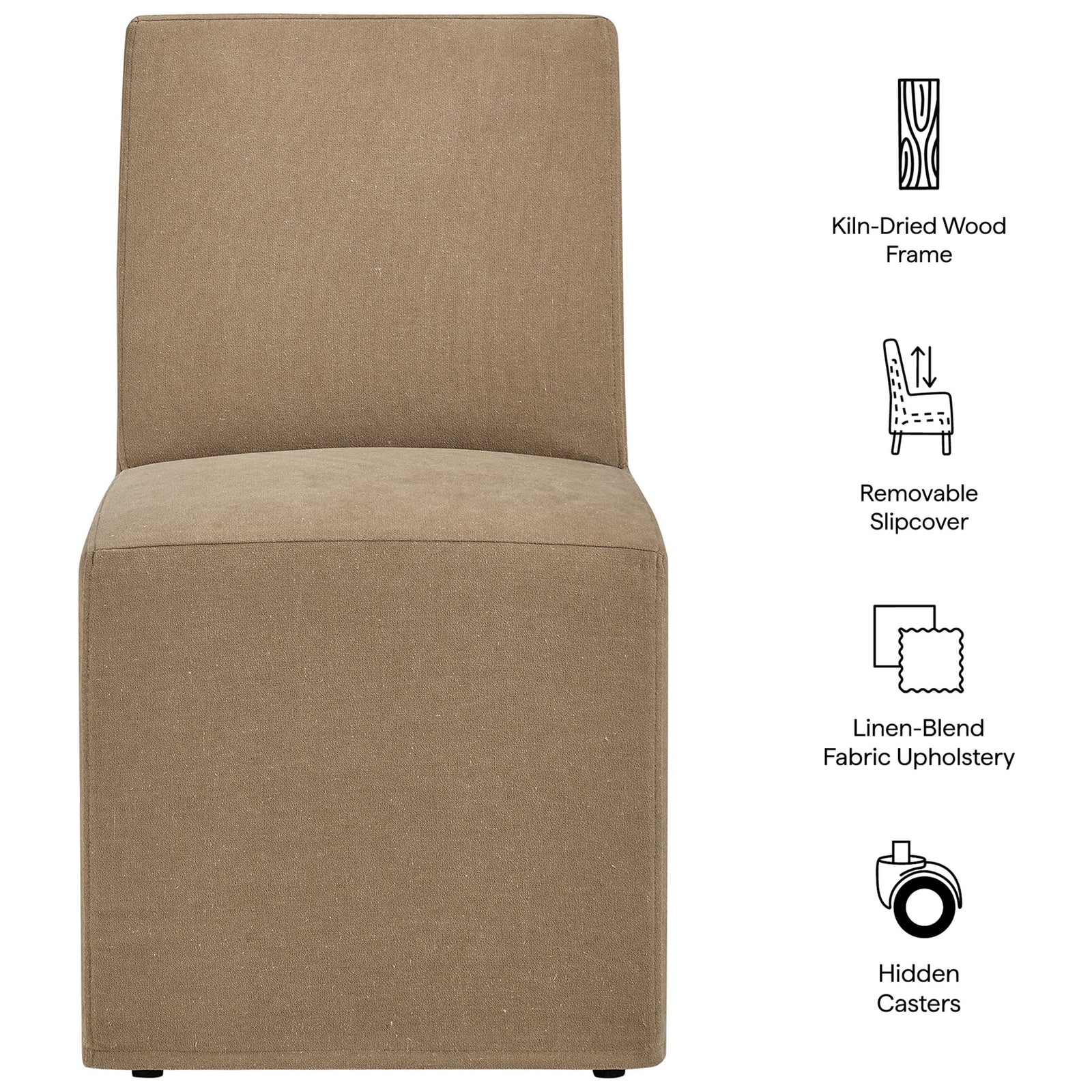Almond slipcovered dining chair with kiln-dried wood frame, removable cover, linen blend, and hidden casters || EEI-7528-ALM || callout_studio