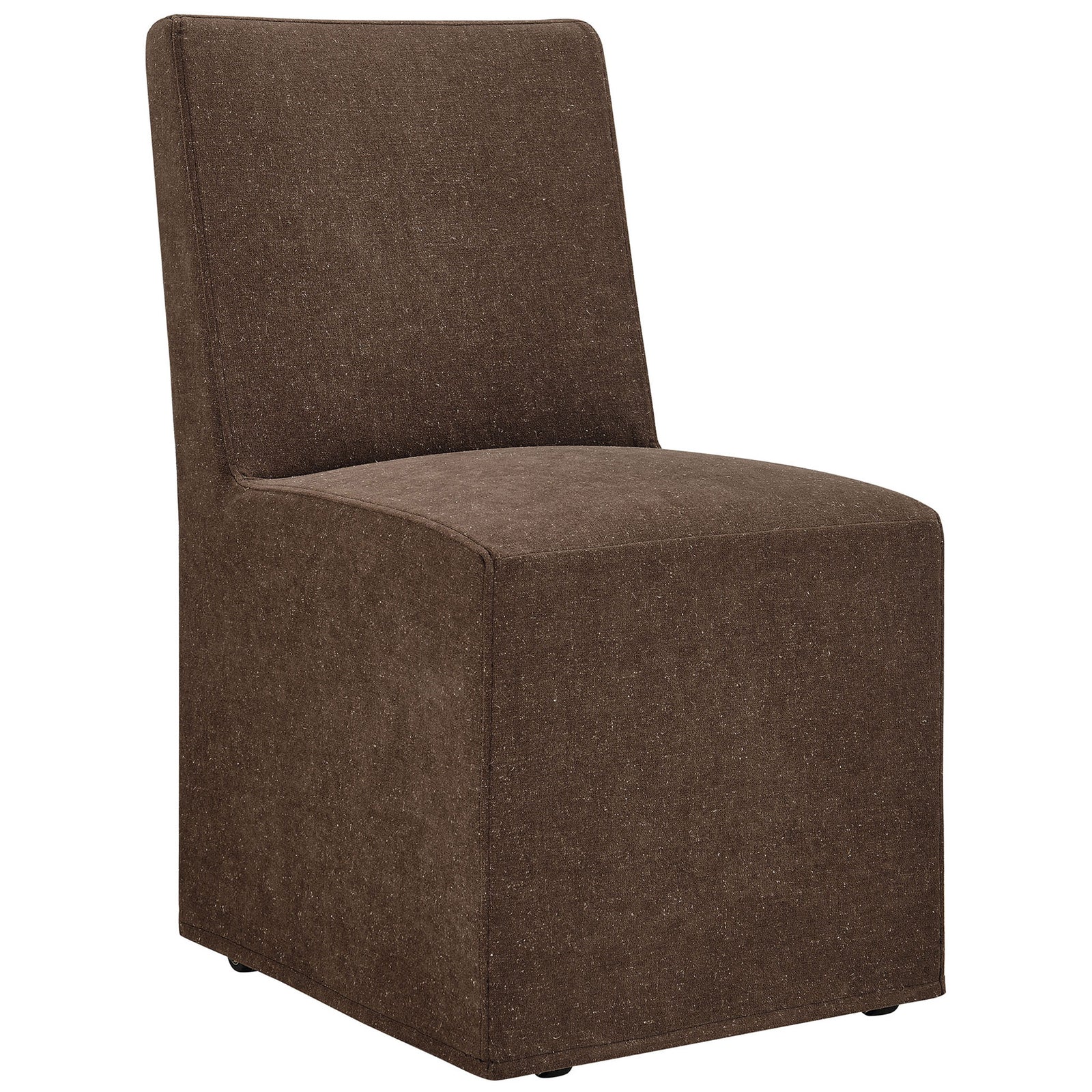 Modern cocoa slipcovered dining chair with smooth linen-blend upholstery and boxy base silhouette || EEI-7528-COA || front_angle_studio