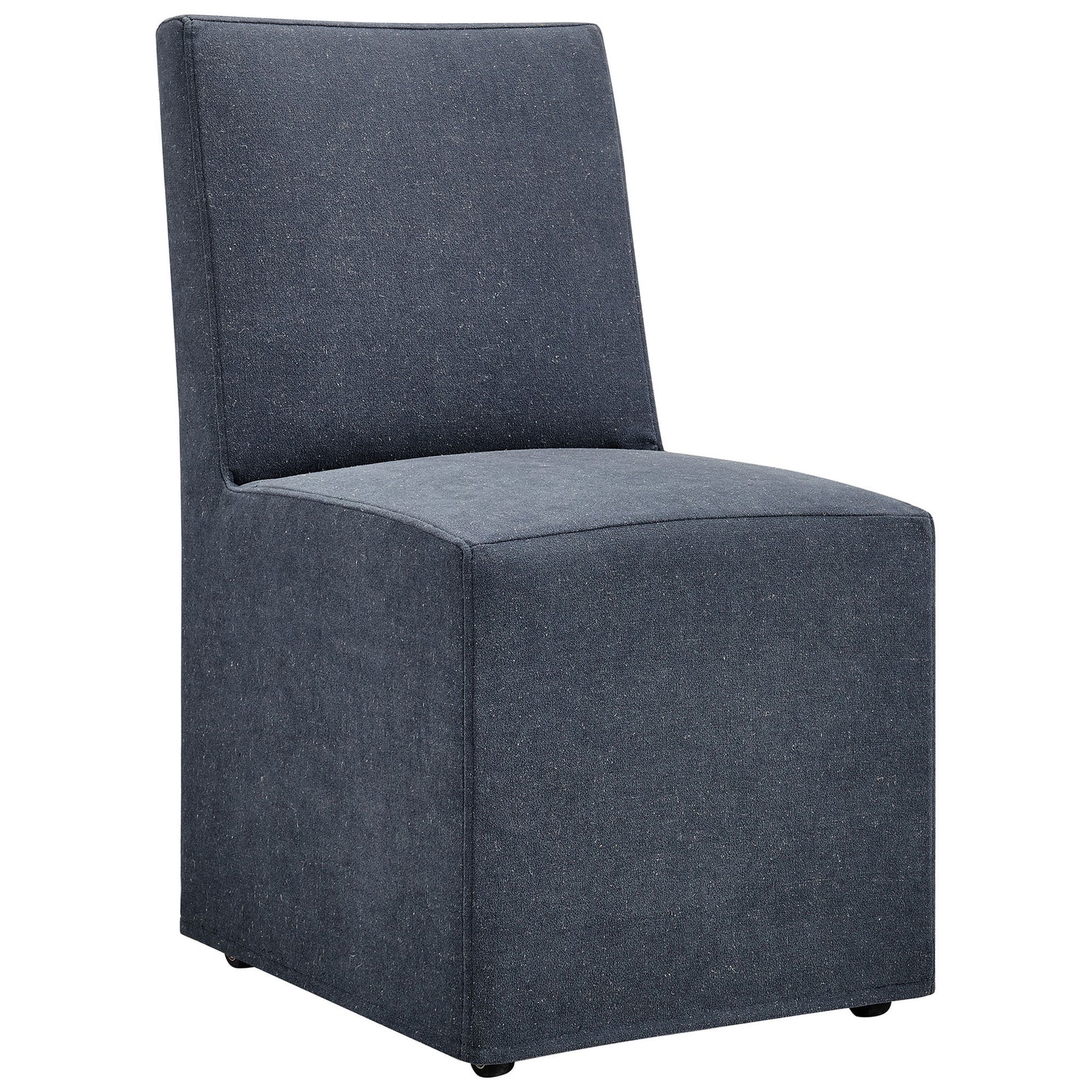 Denim blue slipcovered dining chair with clean lines, padded seat, and hidden rolling casters || EEI-7528-DEN || front_angle_studio