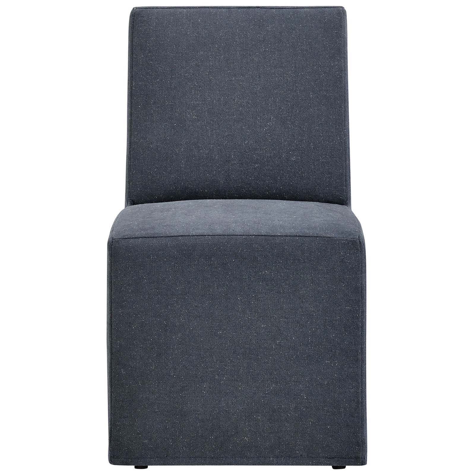 Modern denim slipcovered dining chair with tailored silhouette and supportive tall backrest || EEI-7528-DEN || front_studio