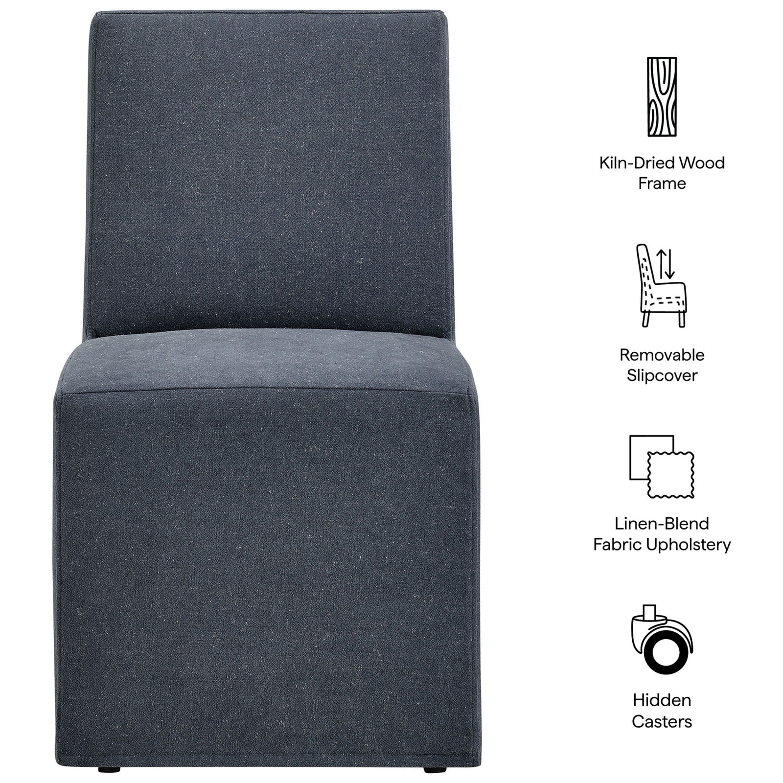Feature overview of denim slipcovered dining chair highlighting frame, slipcover, fabric, and hidden casters || EEI-7528-DEN || callout_studio