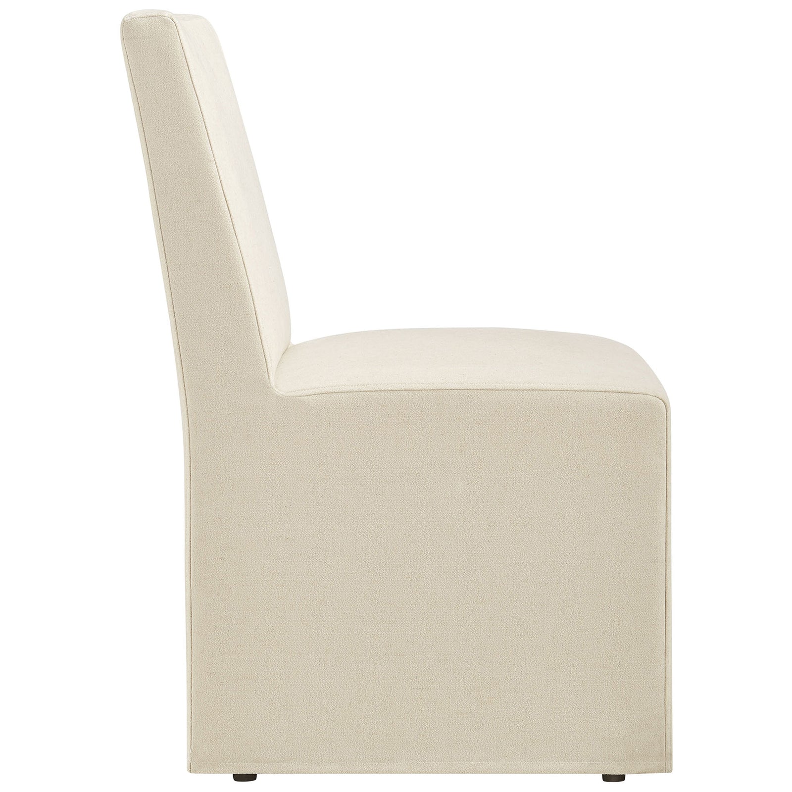 Streamlined armless dining chair with a boxy slipcovered base and smooth linen-blend upholstery on casters. || EEI-7528-LIN || side_studio