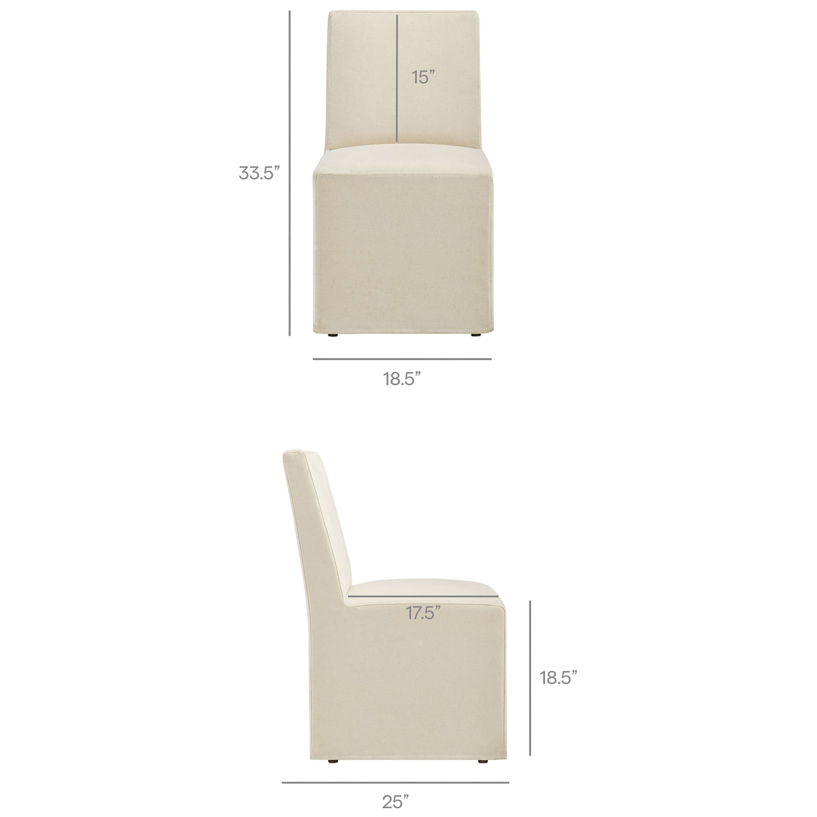 Dimensions diagram for the Tessera slipcovered dining chair showing overall height, width, depth, and seat height. || EEI-7528-LIN || dimension_studio