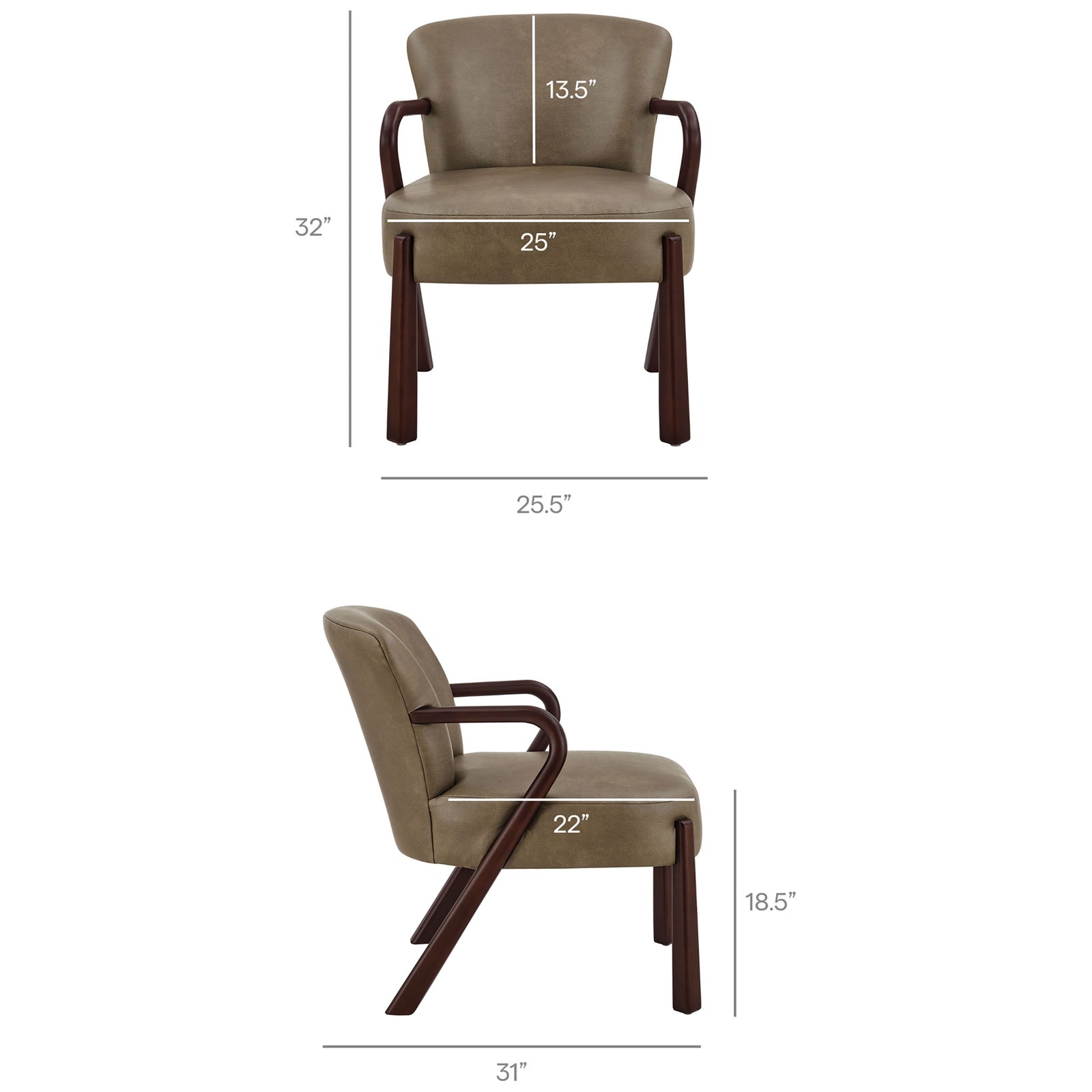 Dimensions for Arden armchair with labeled height, width, seat depth, and seat height || EEI-7529-MUS || dimension_studio