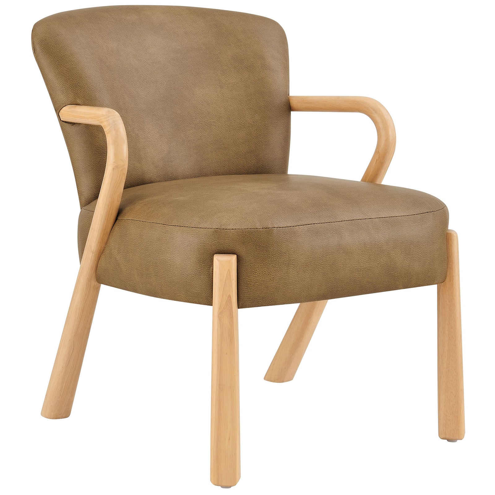 Toast faux leather armchair with curved wood arms and splayed legs for a warm mid-century look || EEI-7529-TST || front_angle_studio